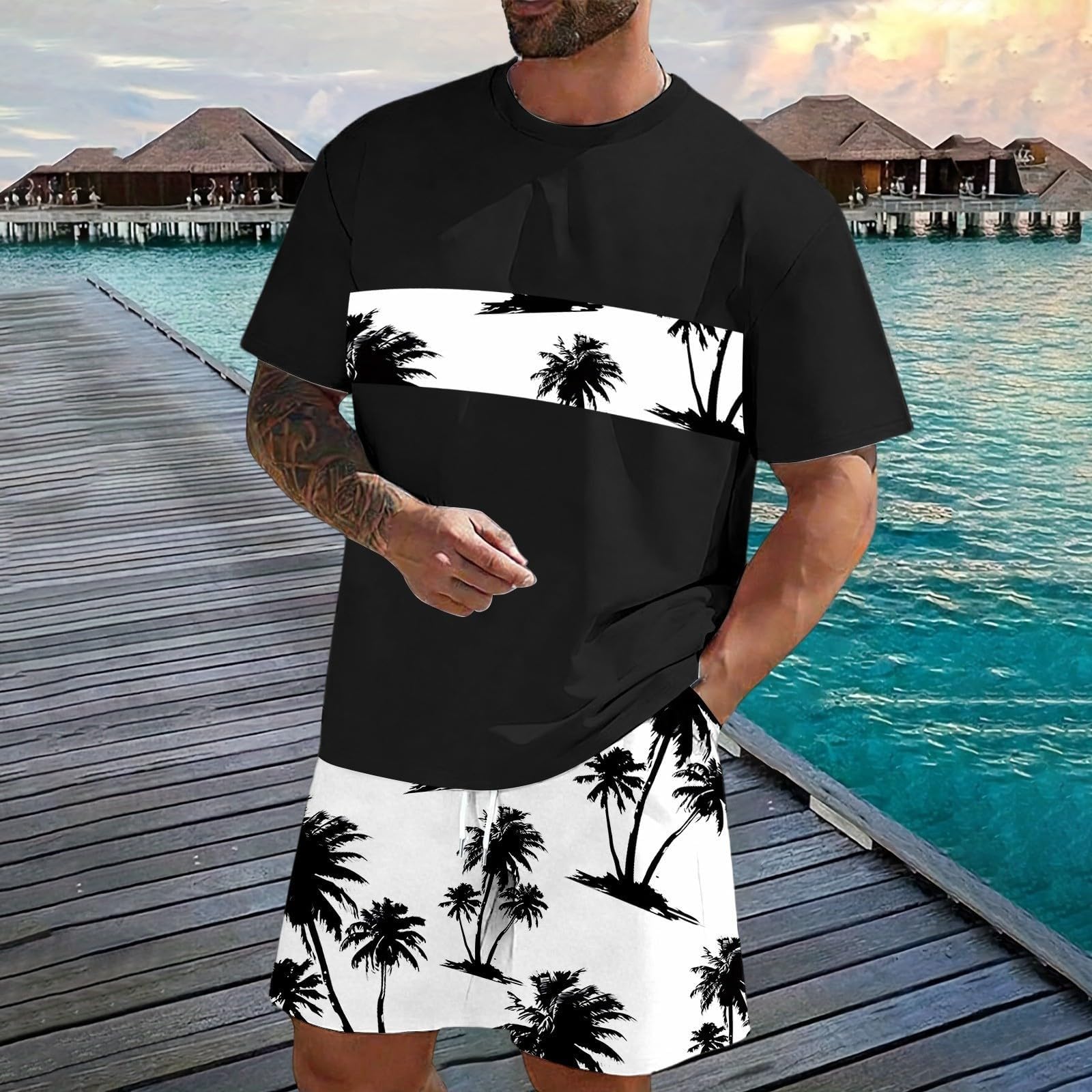Completo Estivo Uomo Con Stampa Tropicale- 2 Pezzi Tuta Casual Per Spiaggia Completi,Tute Da Ginnastica Leggera T Shirt Manica Corta E Pantaloni Sportivi Magliette Set Per Passeggiate Fitness