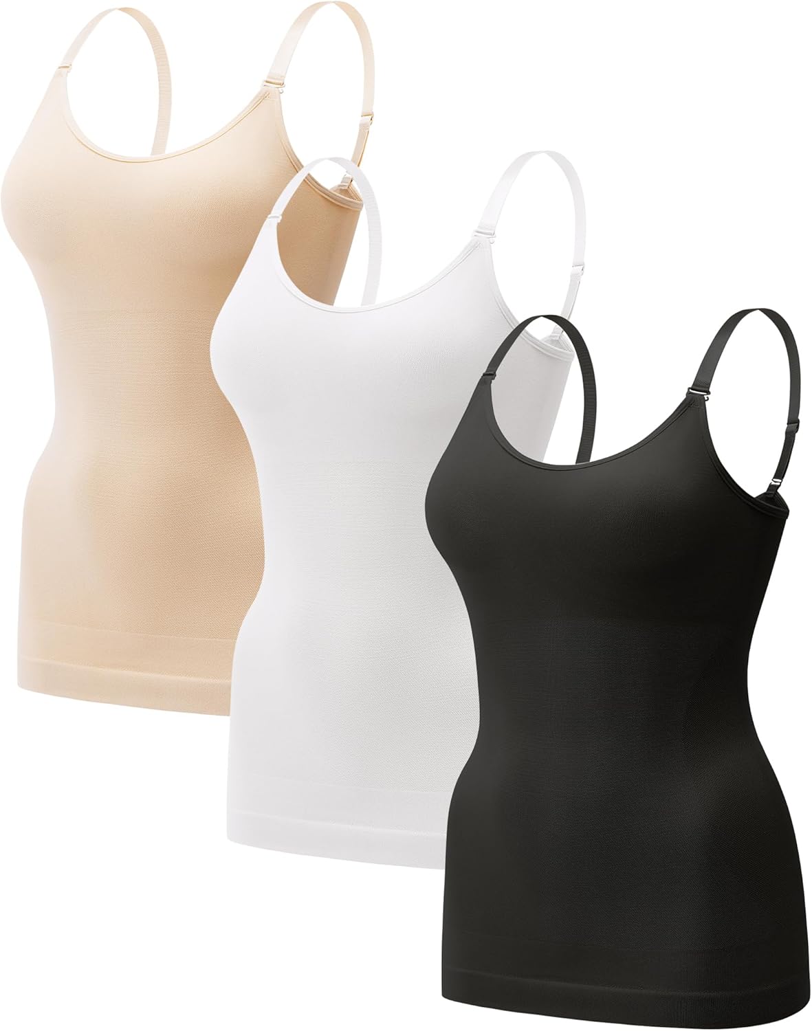 EUYZOU Women Tummy Control Shapewear Tank Tops Scoop Neck Compression Shirts Cami Shaper Slimming Camisole, Black/White/Nude 3pk L
