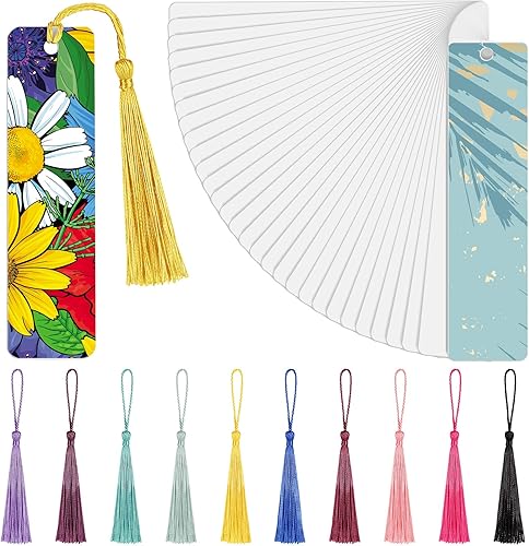 Tenare 50 marcapáginas en blanco para sublimación, transferencia de calor, metal, aluminio, marcapáginas con agujero y borlas coloridas para