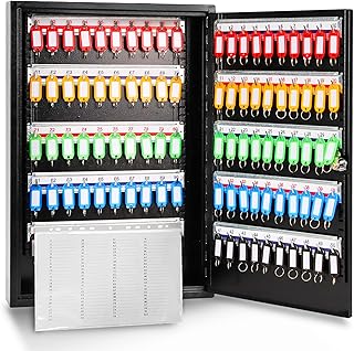 Key Box 100 Position Steel Key Safe Cabinet, Wall Mount Key Holder Lock Box with Key Tags, Key Organizer Ideal for Home, Hotels, Valets and Office Key Storage, Black