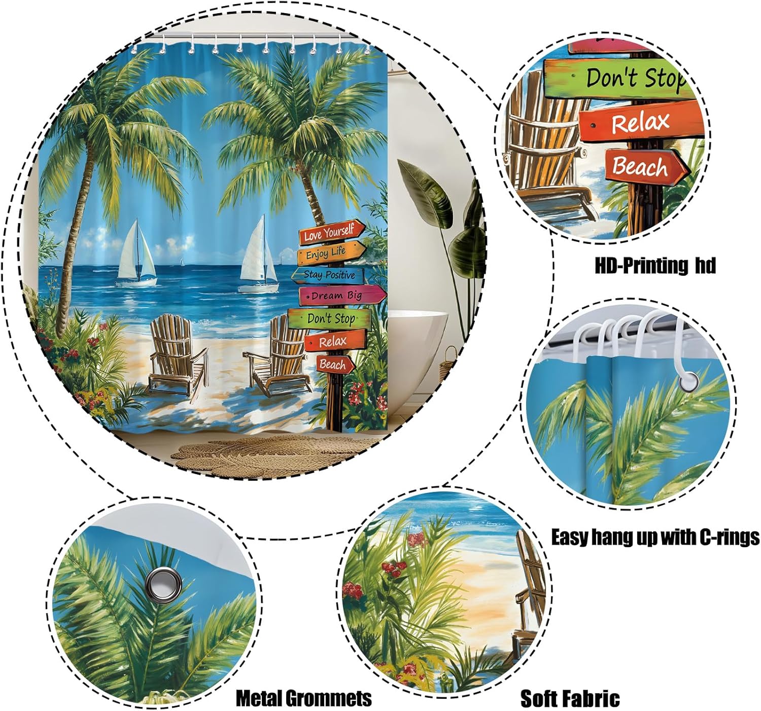 Tropical Coastal Extra Long Shower Curtain,Ocean Beach Palm Tree Sea Wave Sailboat Summer Blue Green Bathroom Home Curtain Decor with Hooks,70x78 Inch