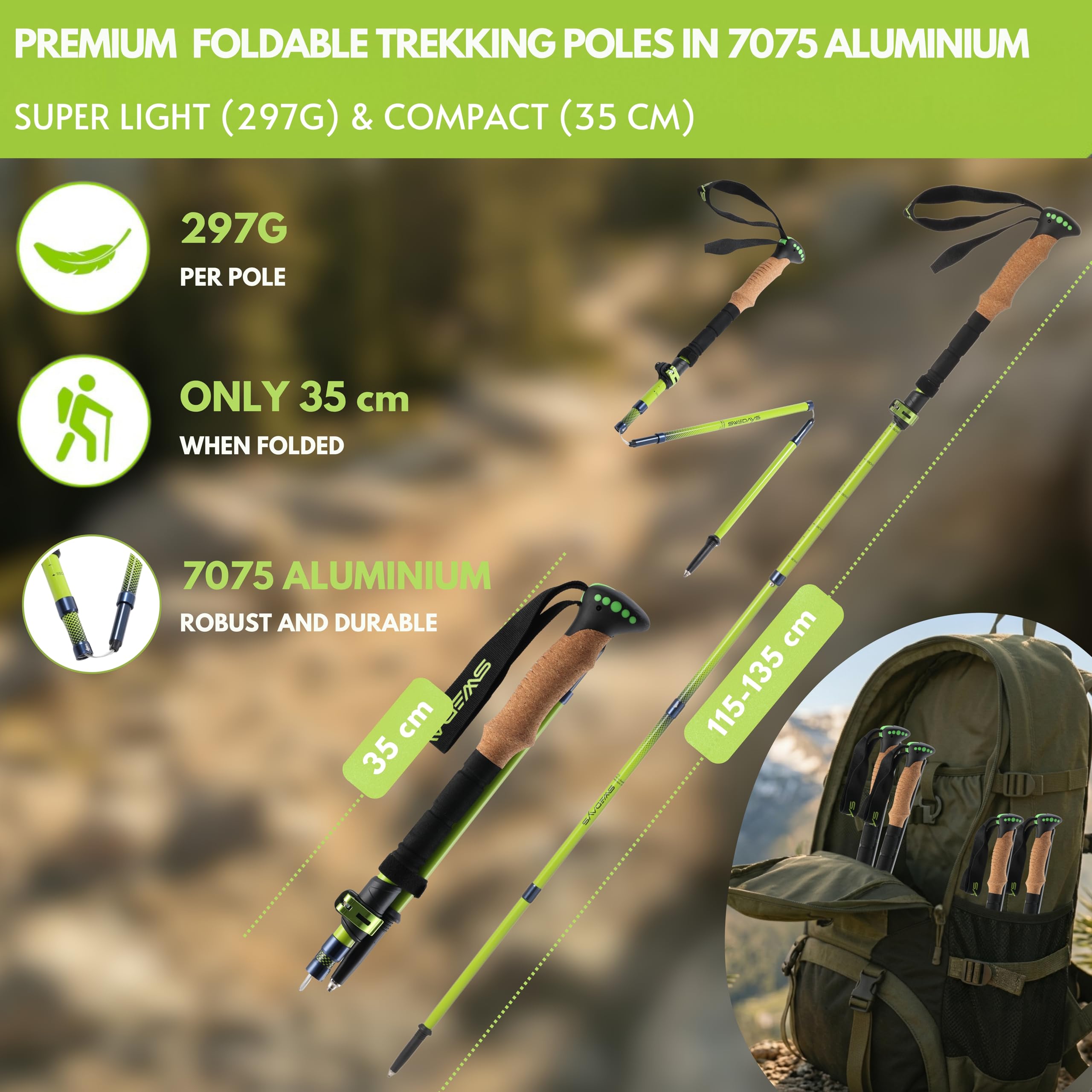Kijki trekkingowe, składane, dla kobiet i mężczyzn, kijki trekkingowe, lekkie i regulowane, 115-135 cm, aluminiowe kijki trekkingowe z korkowym uchwytem i gumowym odbojnikiem