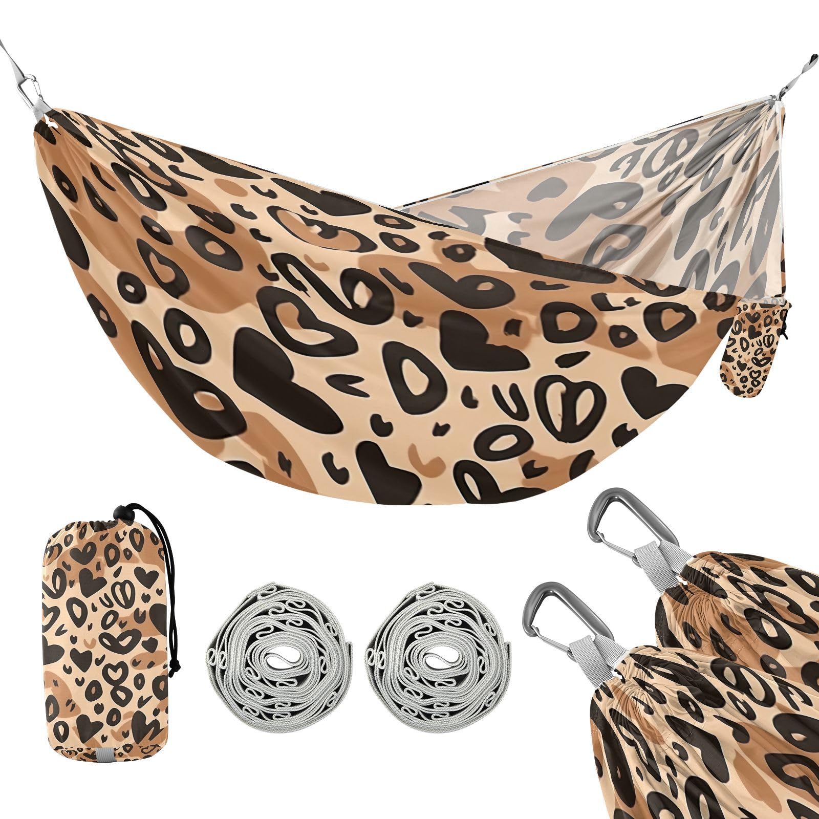 Haskirky Leopard Heart Camping Hammock, Single Portable Hammocks with Tree Straps & Attached Carry Bag, 330Lbs Capacity Perfect for Outside Indoor Hiking Beach Backpack Travel