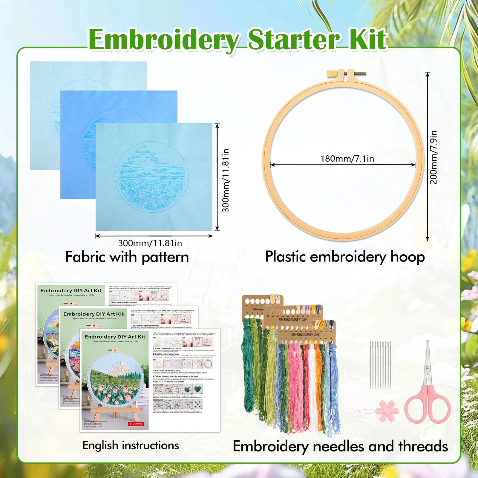 JSRQT 3 Pezzi Ricamo Starter Kit Motivo a Floreale Set da Ricamo per Principianti per Adulto Principianti Embroidery Kit Punto Croce Kit da Ricamare DIY Kit Cucito A Mano Kit di Pratica