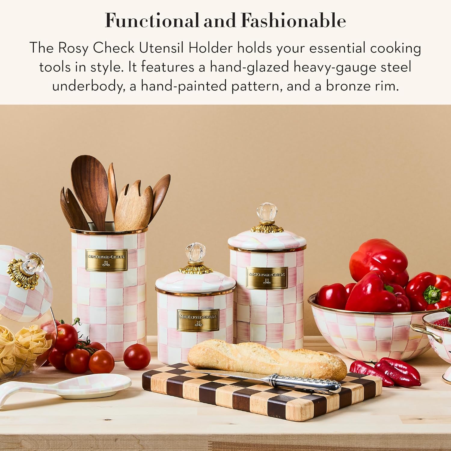 MACKENZIE-CHILDS Enamel Utensil Holder, Kitchen Utensil Holder for Countertop, Storage Caddy, Pink-and-White Rosy Check