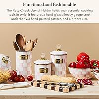 Vista 2 de MACKENZIE-CHILDS Enamel Utensil Holder, Kitchen Utensil Holder for Countertop, Storage Caddy, Pink-and-White Rosy Check