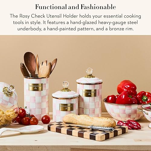 Miniatura 2 de MACKENZIE-CHILDS Soporte esmaltado para utensilios de cocina, para encimera, organizador de almacenamiento, cuadros rosados y blancos