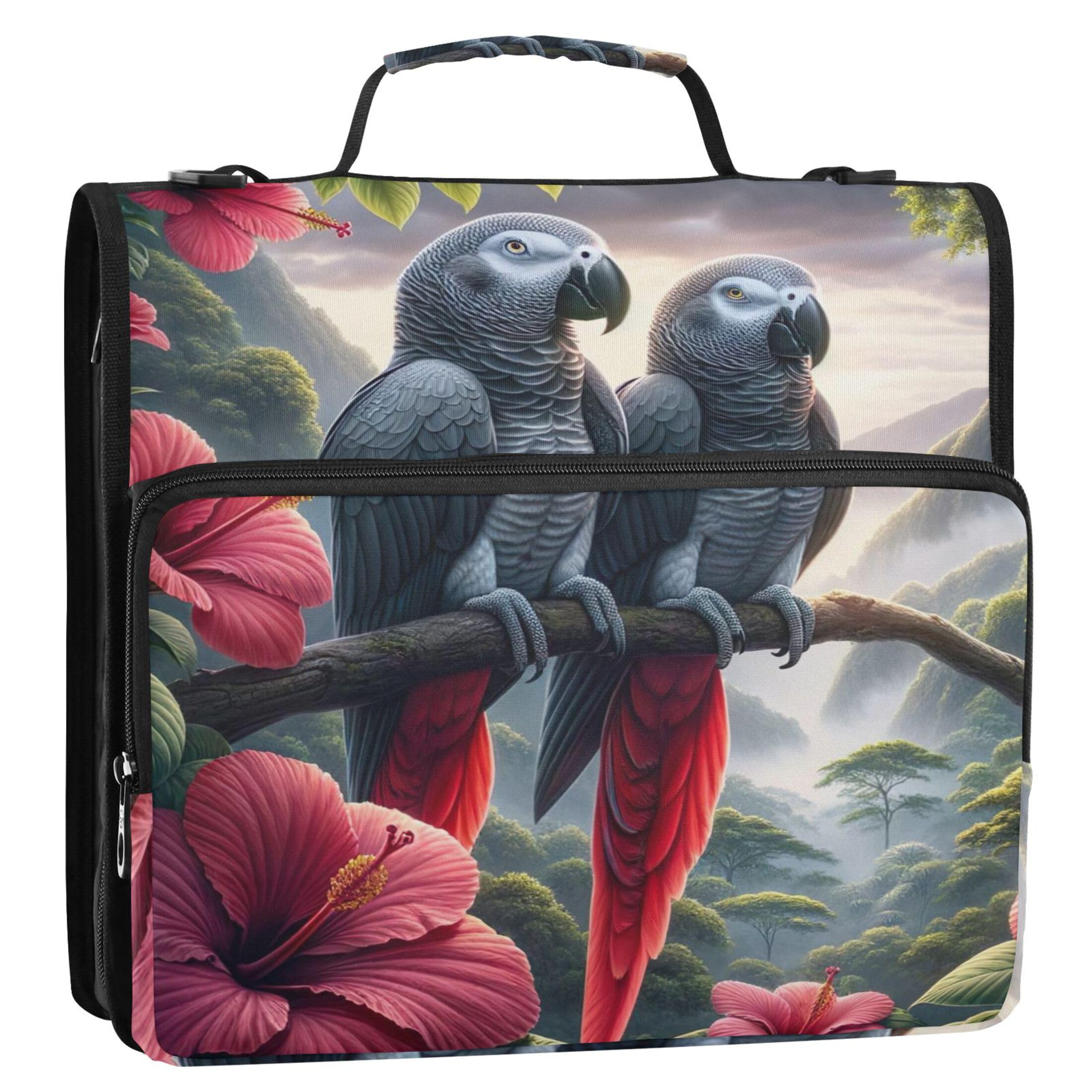 Tropical Parrot Love Birds 3 Ring Binders 1.5 Inch D Ring Zippered Binder Organizer Keeper Binder Bag with Strap for School Student Storage Portfolio Case with Handle — image 1