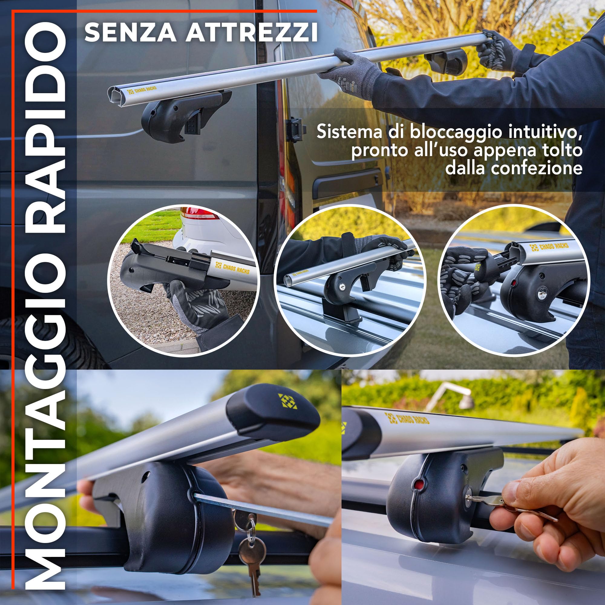 CHAOS RACKS | Universale Portapacchi da Tetto per Barre Longitudinali Aperte; Barre Portatutto | Trasporta in Sicurezza Box da Tetto, Portabici | Struttura Leggera e Resistente in Alluminio | 120 cm