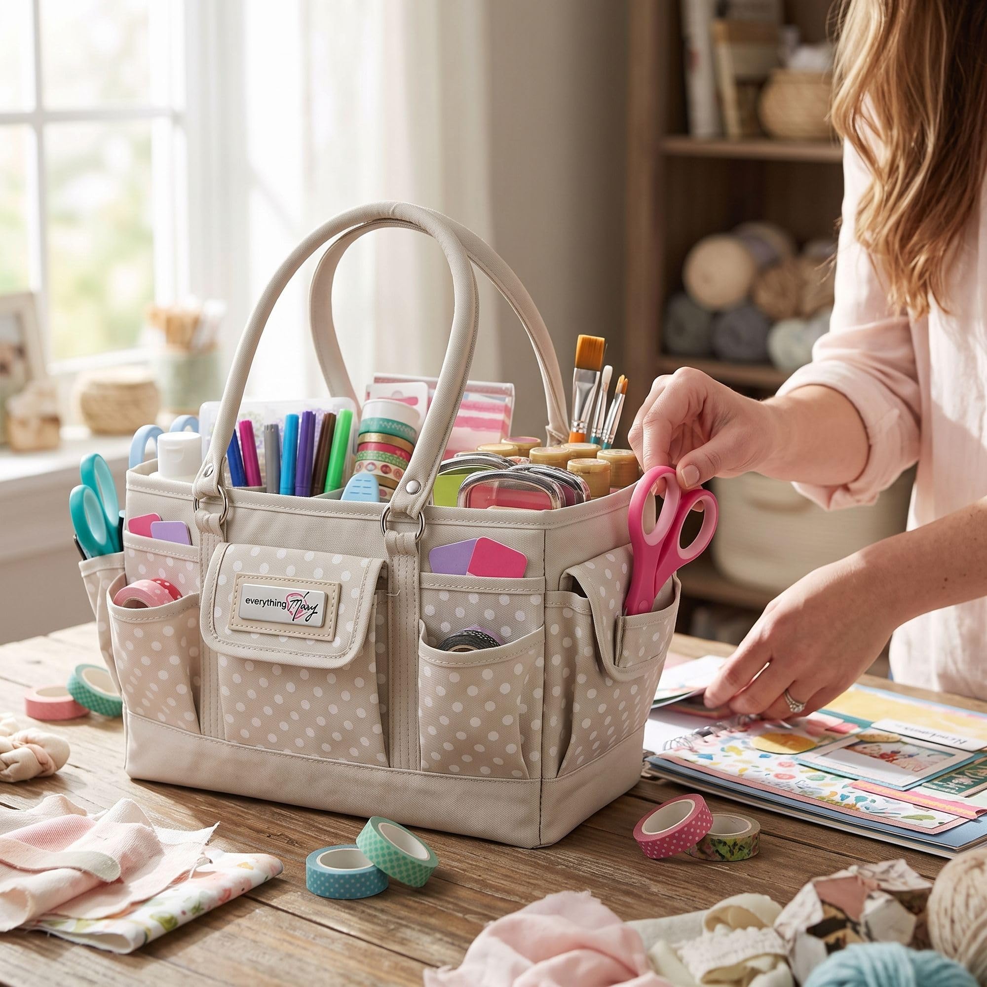 Everything Mary EVM12776-1 Basteltasche, Organizer, Tragetasche, Aufbewahrungskorb für Näh-und Scrapbooking, Bastelbedarf, mit Griff für Zubehör und Werkzeuge, Polyester, Hellbraun gepunktet