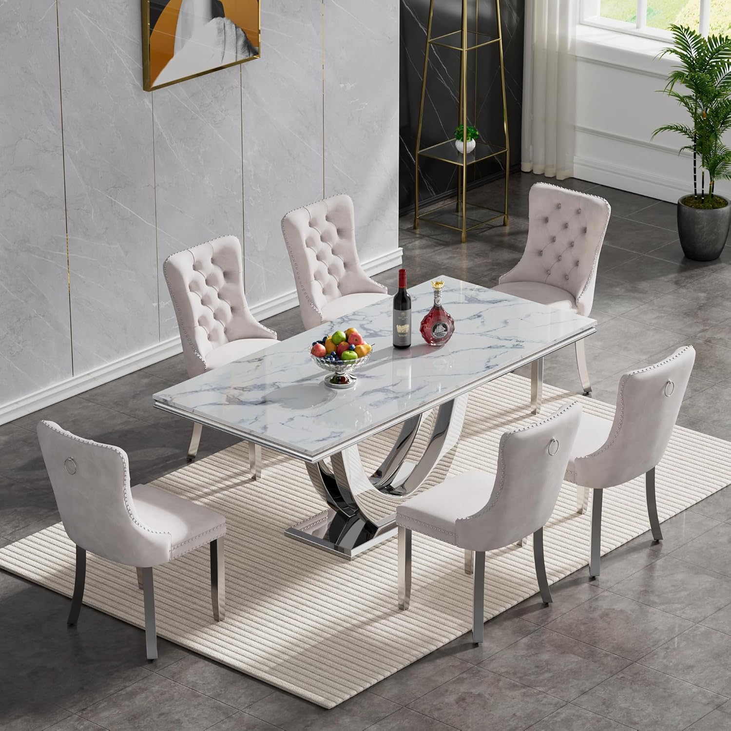 Amazon.com - SSLine 7-Piece Faux Marble Dining Table Set for 6 Luxury Silver White Marble ...