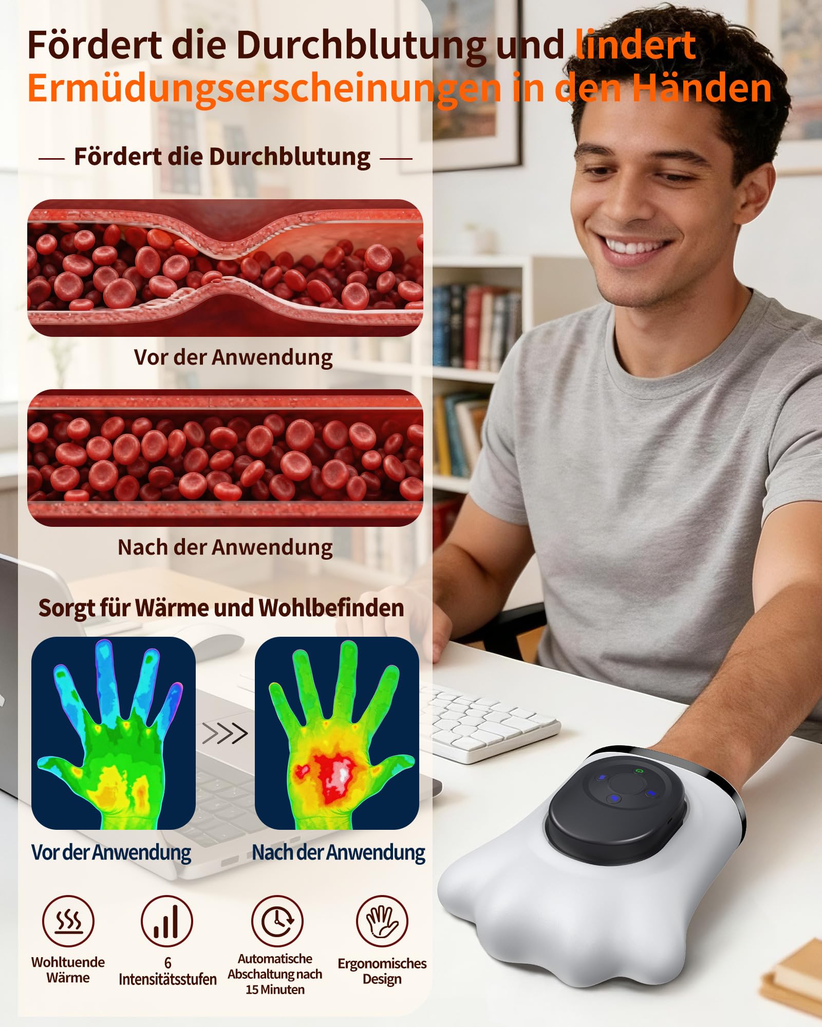 DECOHOME Handmassagegerät mit Wärme und Luftkompression, kabellos | 8 Luftkammern für Finger, Handfläche und Handgelenk, 3 Wärmestufen, 6 Programme, 3 Intensitäten und 15-Minuten-Timer