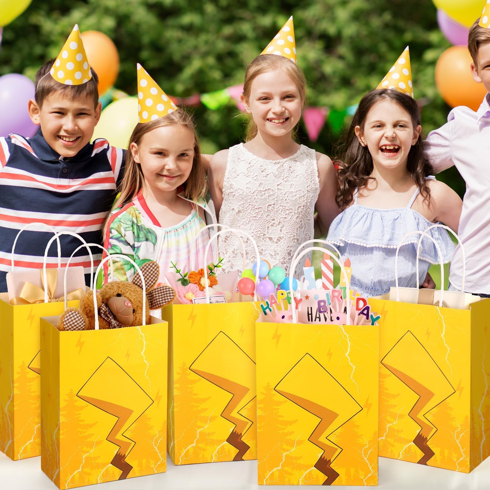 24 Pcs Cartoon Paper Bags Animation Party Gift Bags Red Kraft Treat Bag with Handle Birthday Party Supplies Paper Goodie Bags 8 x 5.1 x 3.1 Inches for Birthday Theme Supplies Baby Shower Decorations