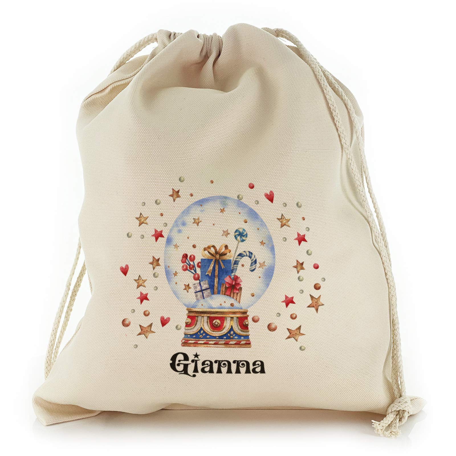 Personalised Gift Bag For Christmas, with Present Snow Globe Design Print, Reusable, Xmas Drawstring Sack Customised with With Name/Initials/Text, Sizes: XXS, XS, S, M, L, XL
