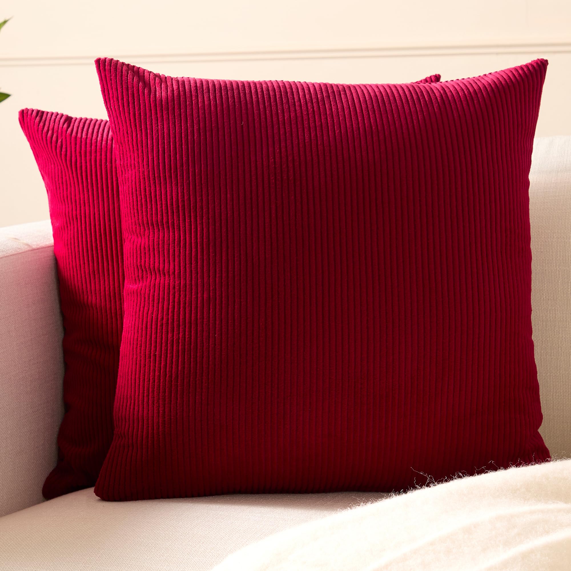 Encasa XO Corduroy Cushion Covers 60x60 cm, Set of 2 Soft Textured Striped Boho Pillow Covers | Decorative and Cozy Cushion Cases For Home Decor For Sofa Living Room Couch Bed, Red โ image 1