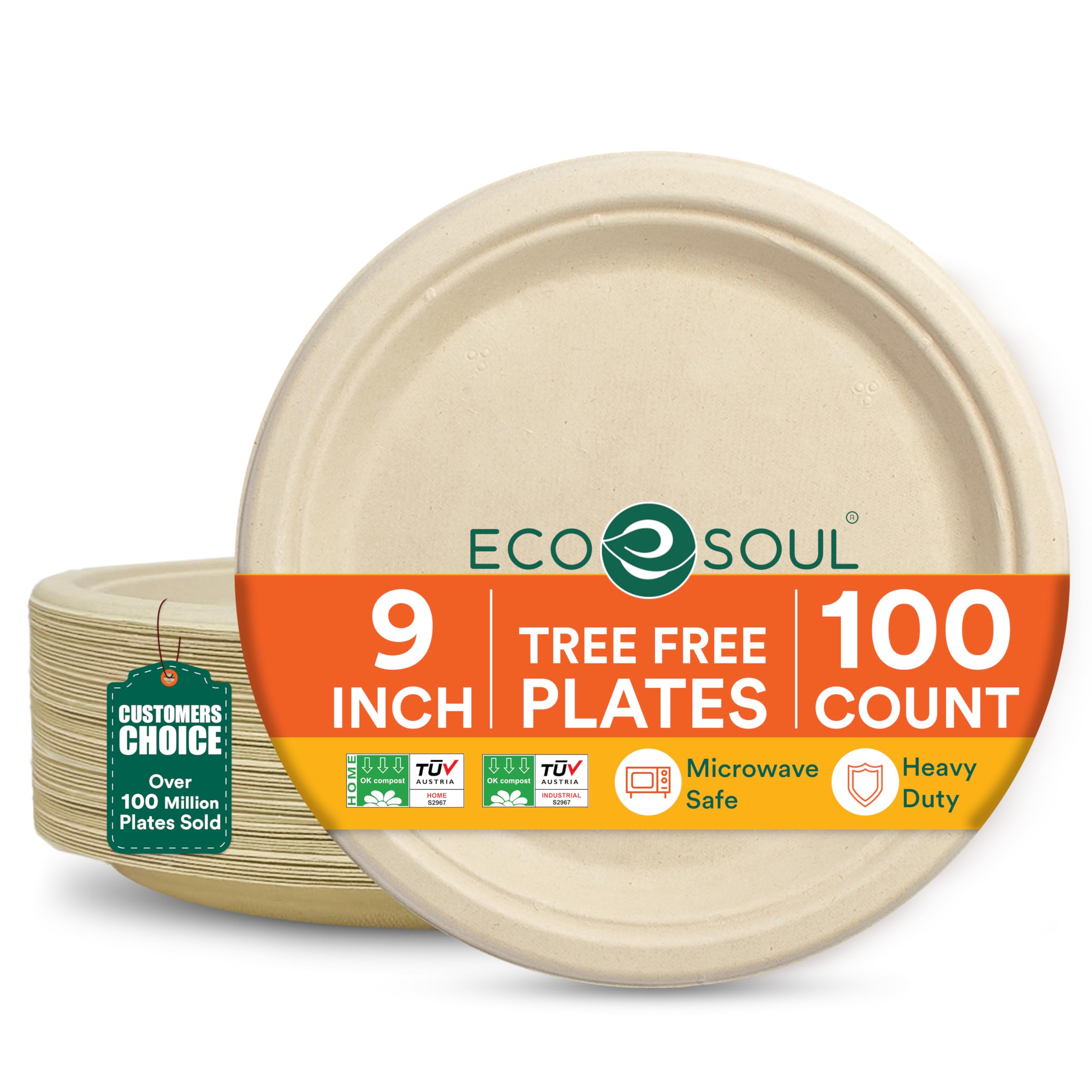 ECO SOUL Compostable 9 Inch(100-Pack) Biodegradable Disposable Paper Plates | Eco-Friendly Dinner, Party, Wedding, Event
