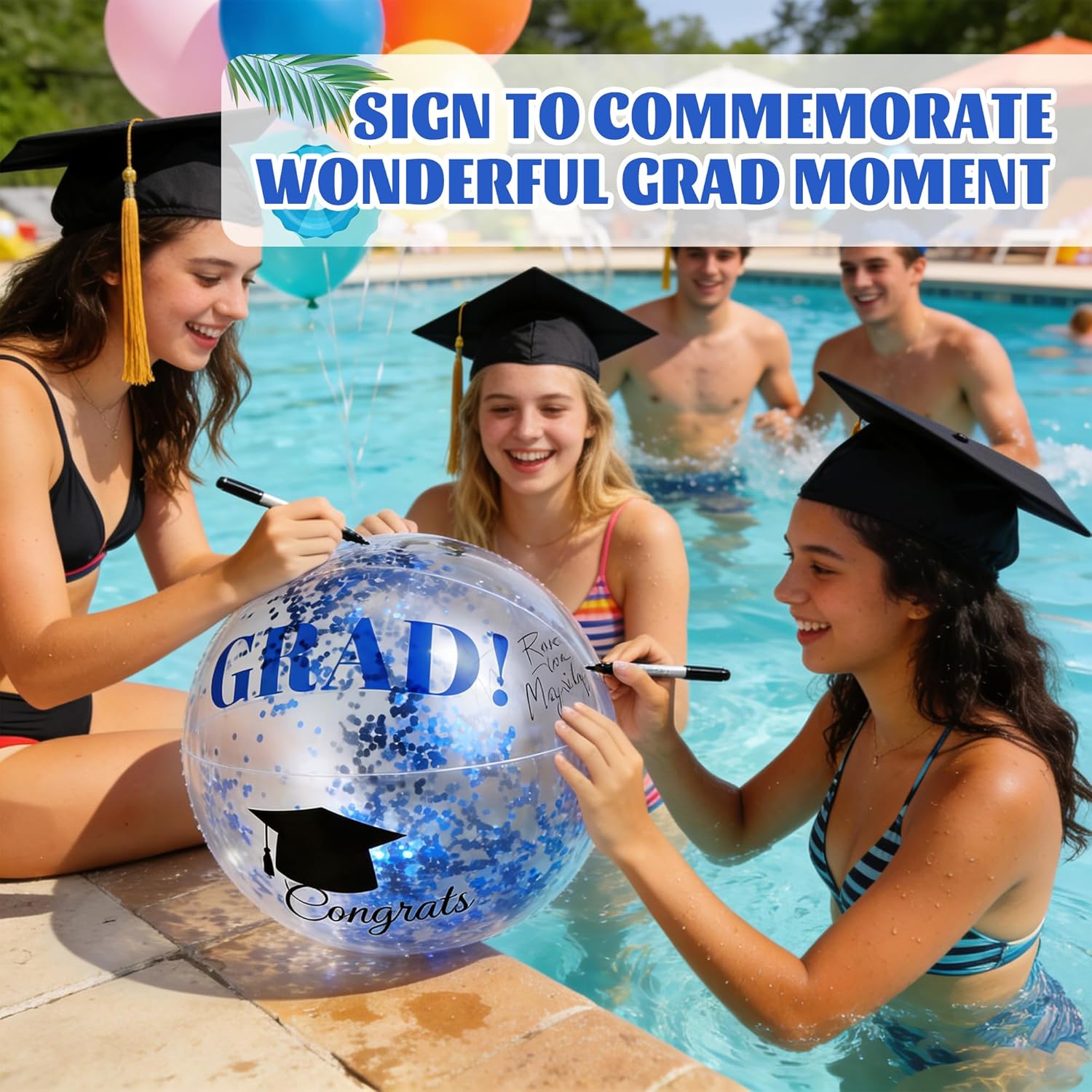 Forwe Graduation Inflatable Beach Balls, 16 Inch 6/10PCS Confetti Glitter Beach Pool Ball Blow up Balloon Toys for Class of 2026 Swimming Pool Graduation Party Decorations