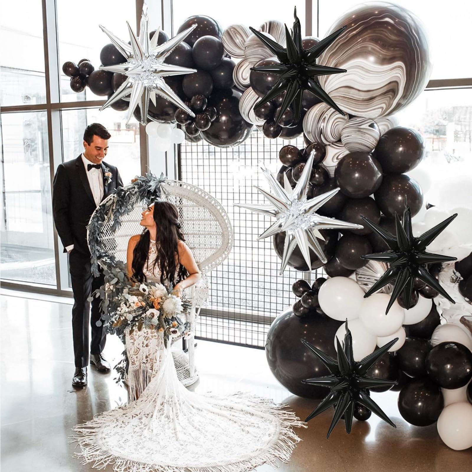 HILAVO Stern Ballons Schwarz Silber, 6 Stück 22 Zoll Groß HILAVO Stern Folienballons Foil Explodieren Stern Luftballons für Hochzeit Geburtstag Graduierung Silvester Party Deko