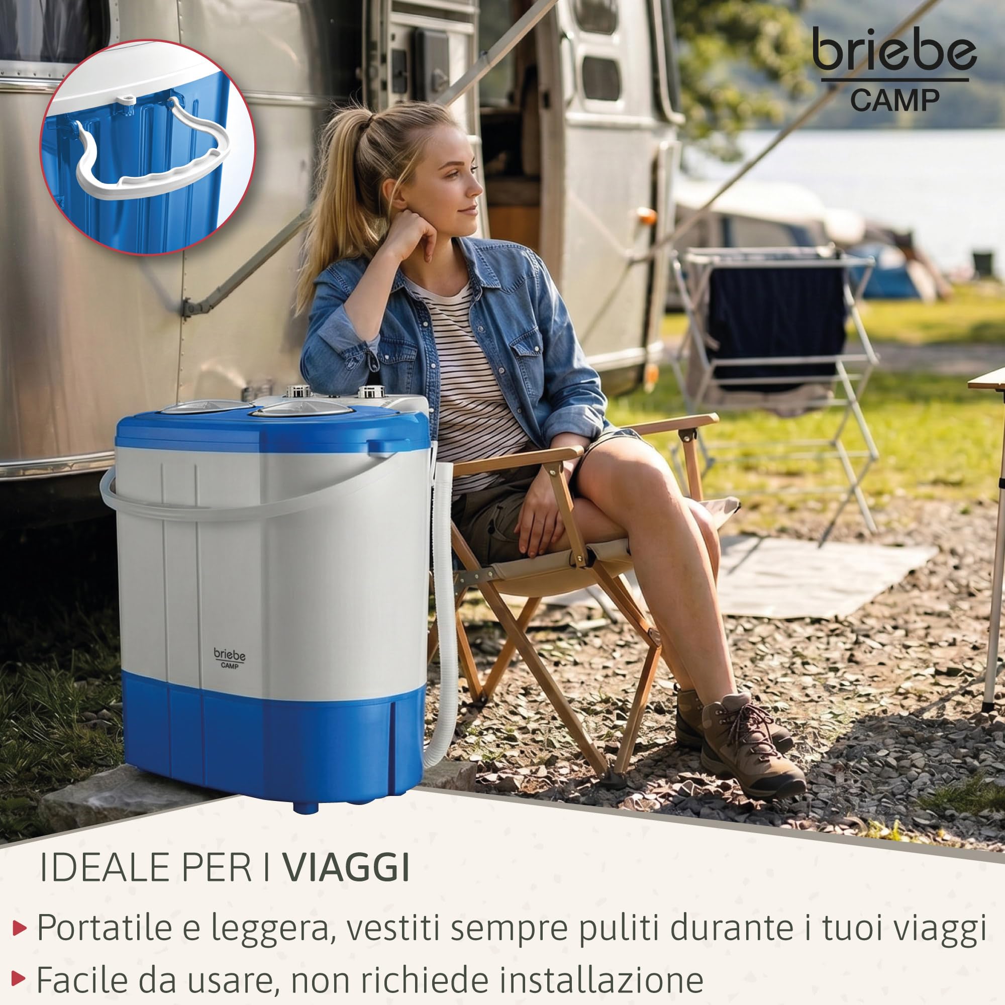 briebe Camp - Mini Lavatrice Portatile con Centrifuga, Campeggio, Capacità 3 kg, Ideale per Viaggi, Roulotte, Camper, 2 Scomparti, Caricamento dall'alto, Nessuna installazione, Blu/Bianco