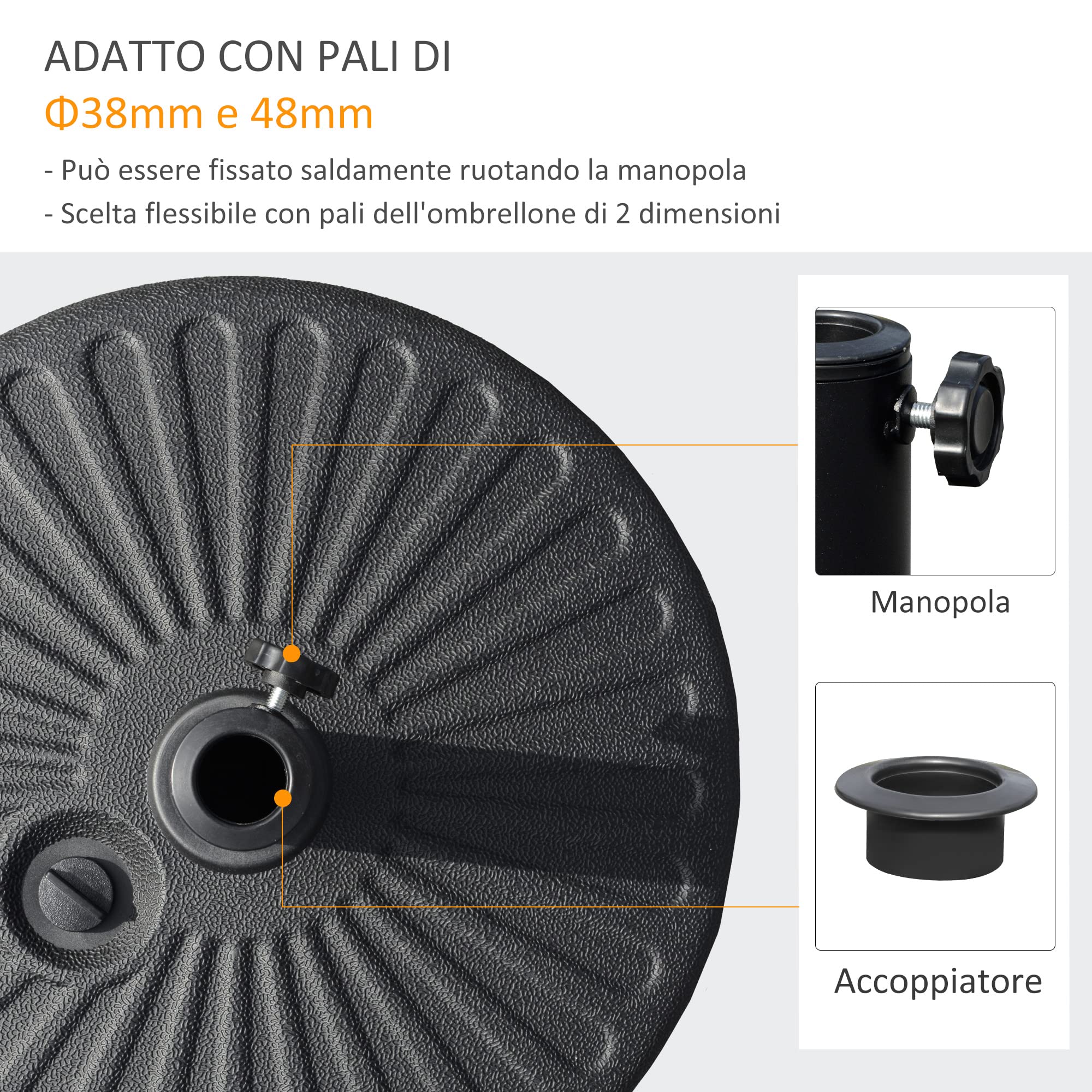 Outsunny Base per Ombrellone da Giardino con Palo Centrale Φ3.8cm e 4.8cm, Basamento per Ombrellone Riempibile con Acqua o Sabbia, Nero