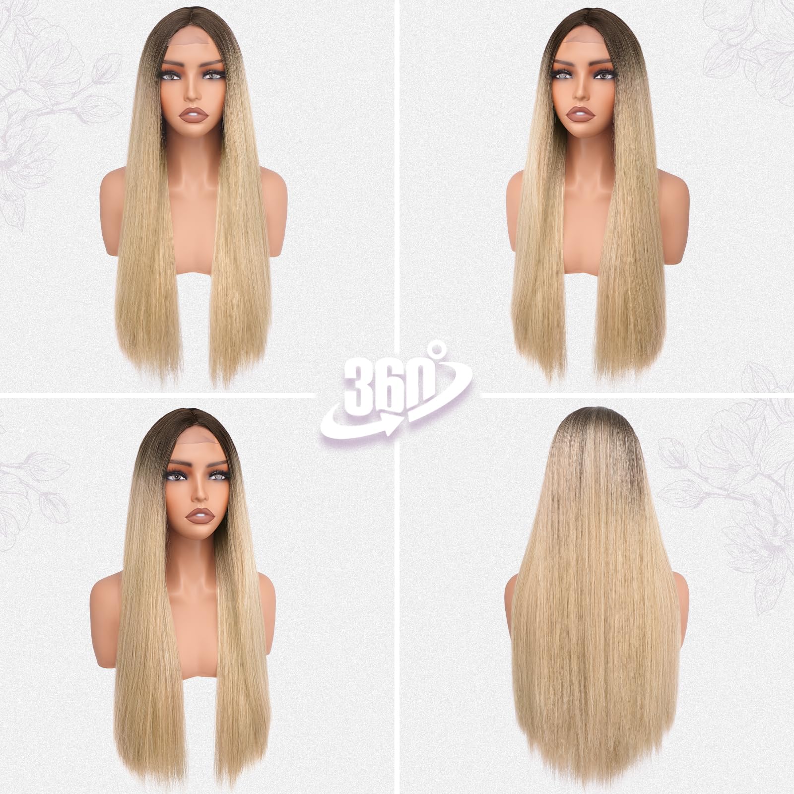 BARSDAR Lange Gerade Perücke, 71cm Lange Gerade Mittelscheitel Blond Ombre Perücke für Damen Natürliche Haarperücken Synthetische Haar Wigs Spitzenfront Perücken Party Cosplay Halloween