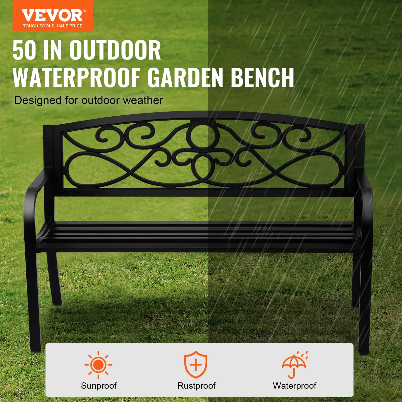 VEVOR Banc d'extérieur, 52,7 x 127 x 81,8 cm, Banquette de Jardin en métal pour l'extérieur, jusqu'à 250 kg de Charge, Banc de Jardin avec Dossier et accoudoirs, mobilier de terrasse, pour Parc, Cour
