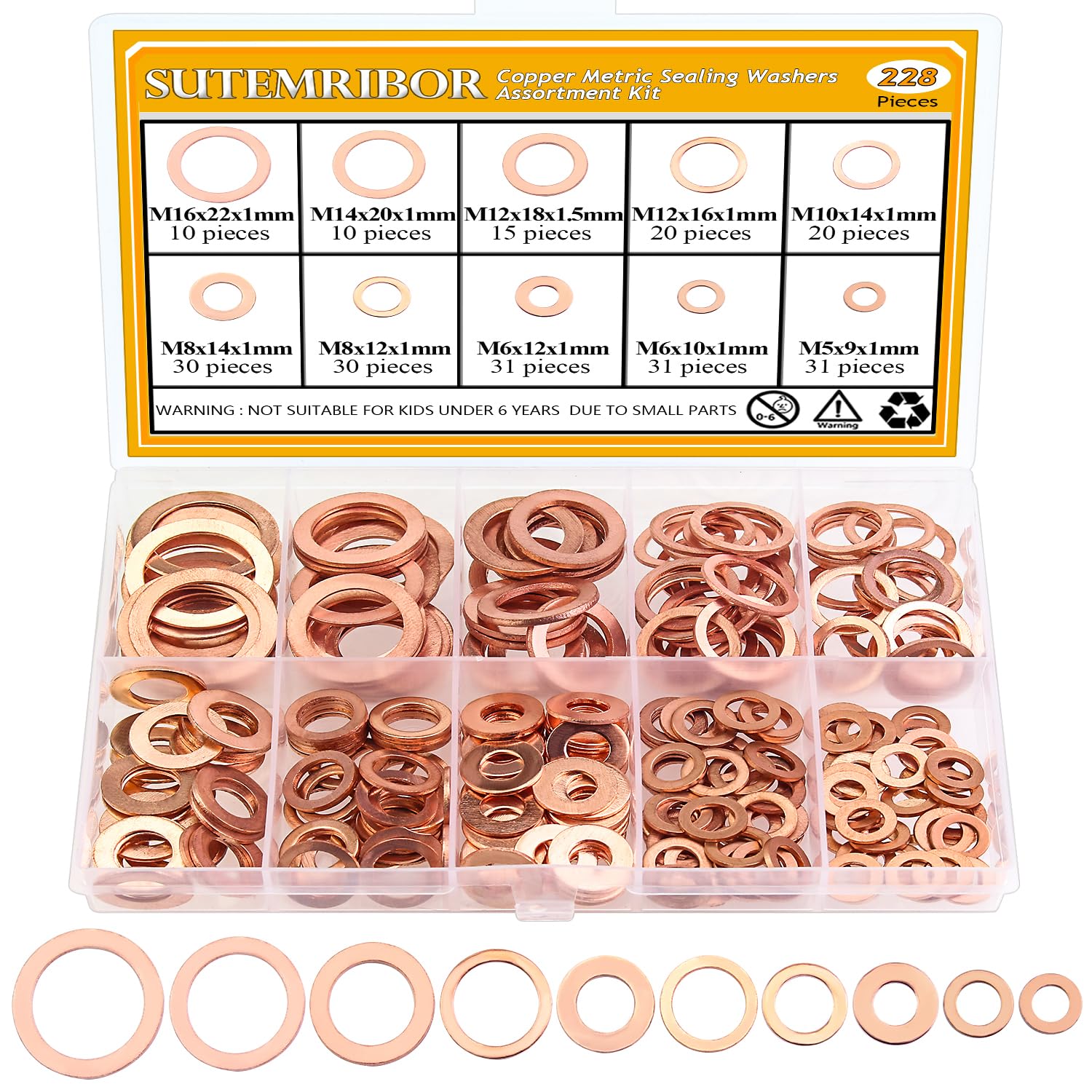 228 Pieces 10 Sizes Copper Washers Kit - Metric Flat and Sealing Metal Washers (M5 M6 M8 M10 M12 M14 M16)