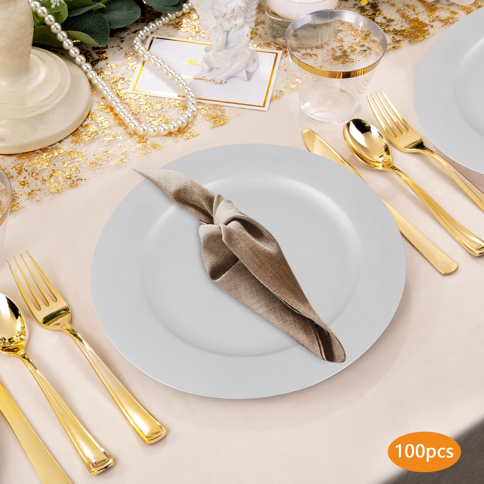 WsrrLun 100 PCS Silver Charger Plates Bulk, 13 Inch Reusable Round Charger Plate Set for Weddings Parties Events Restaurants Decor (Silver)