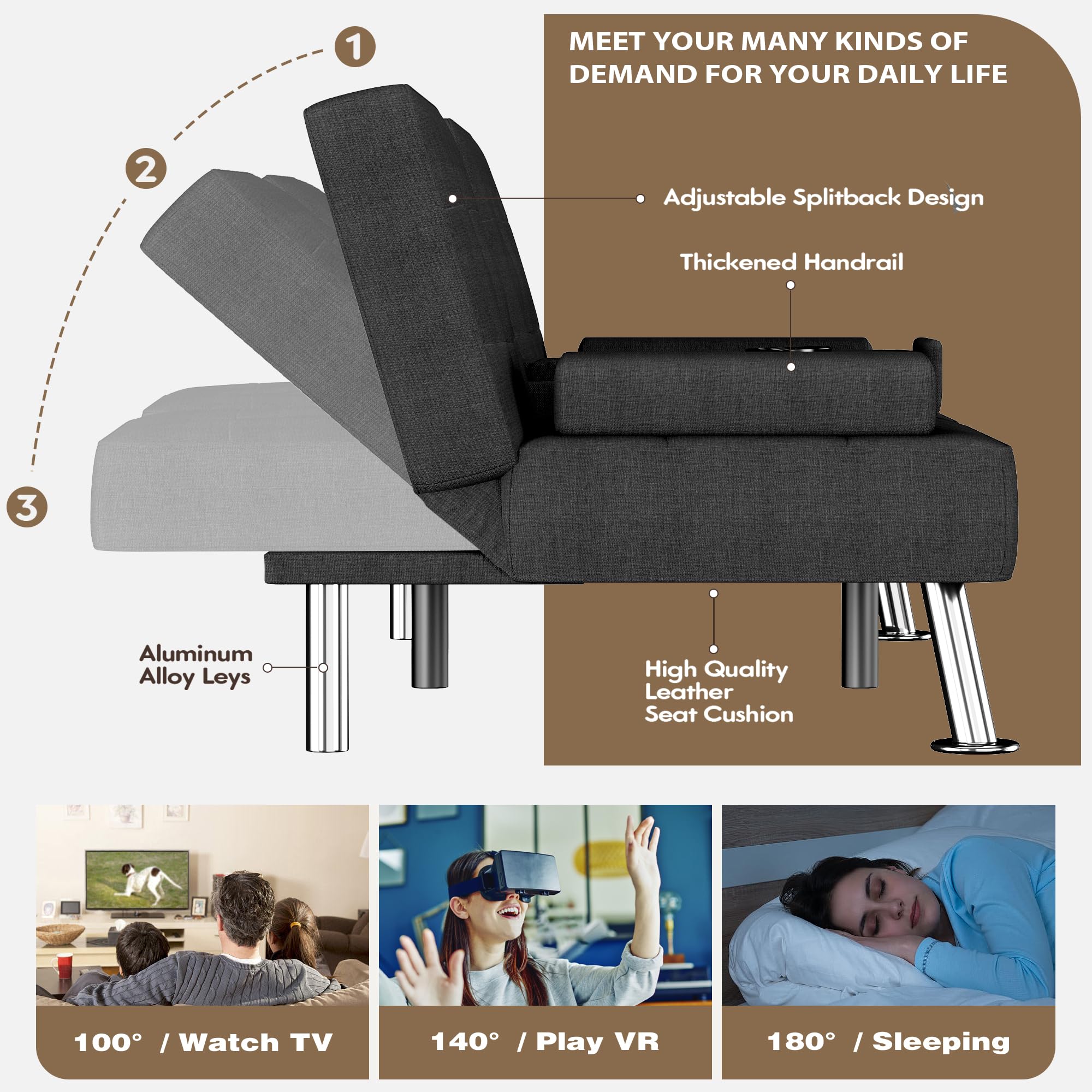 Homall Black Linen Futon Sofa Bed, Futon Couch for Living Room | Adjustable Recliner Sleeper Sofa with Removable Armrests & Dual Cup Holders, Futon Set for Apartment, Office