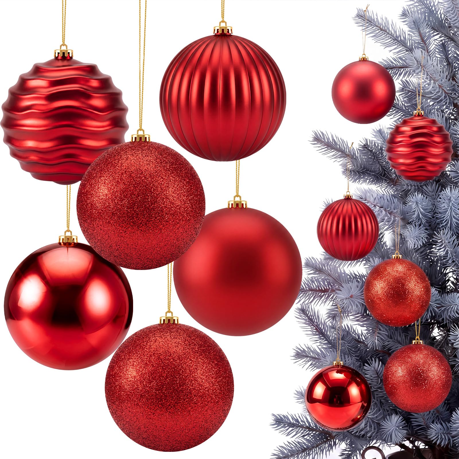 Zubebe Confezione da 6 palline di Natale da 15,2 cm, grandi palline in plastica infrangibile, con glitter opaco lucido e finiture decorative, per albero di Natale, festività e feste (rosso)
