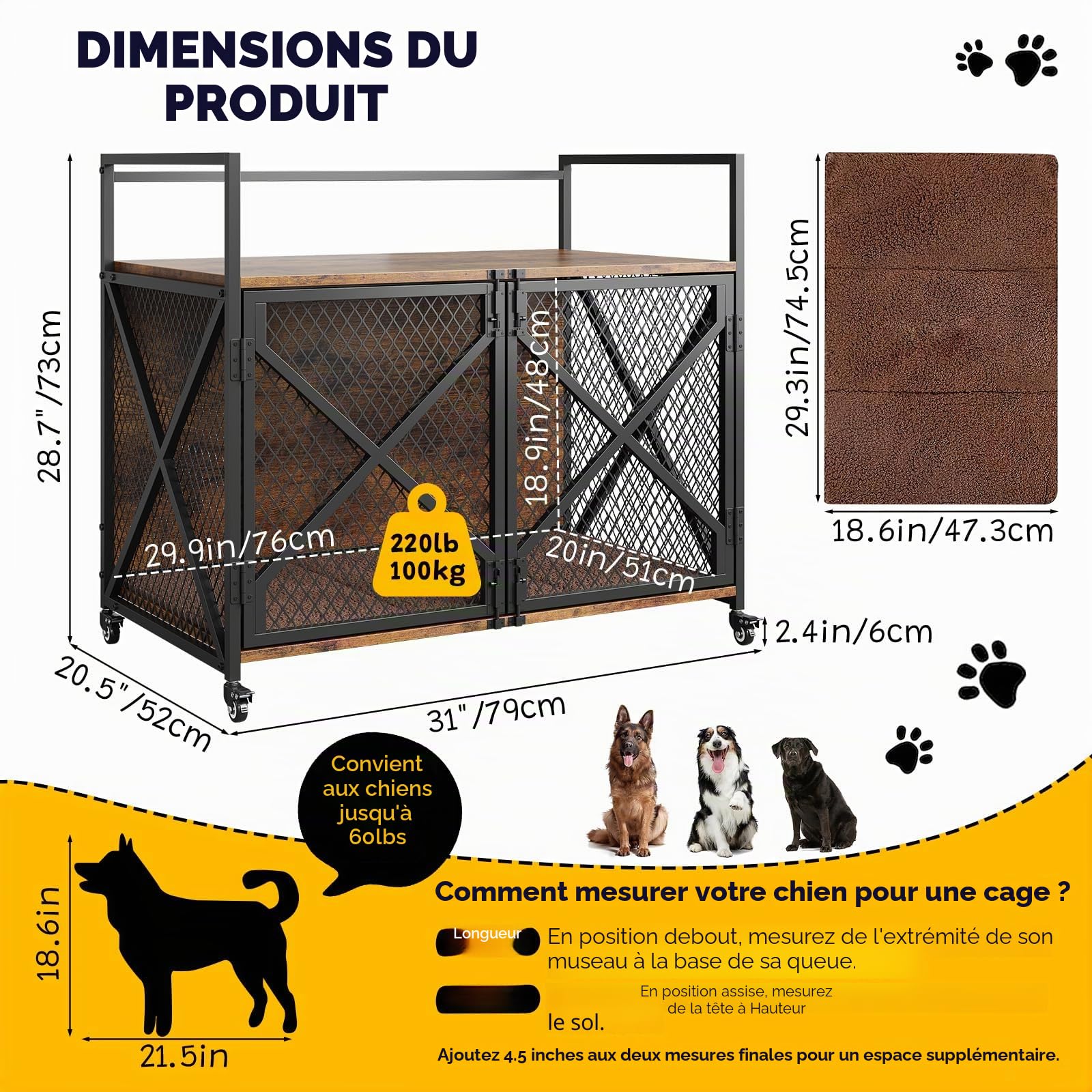 Cage pour chien, meuble en métal et bois, maison pour chien, 2 portes, espace de rangement généreux sur le dessus, niche moderne pour chiens de petite, moyenne et grande taille, 52 x 79 x 73 cm
