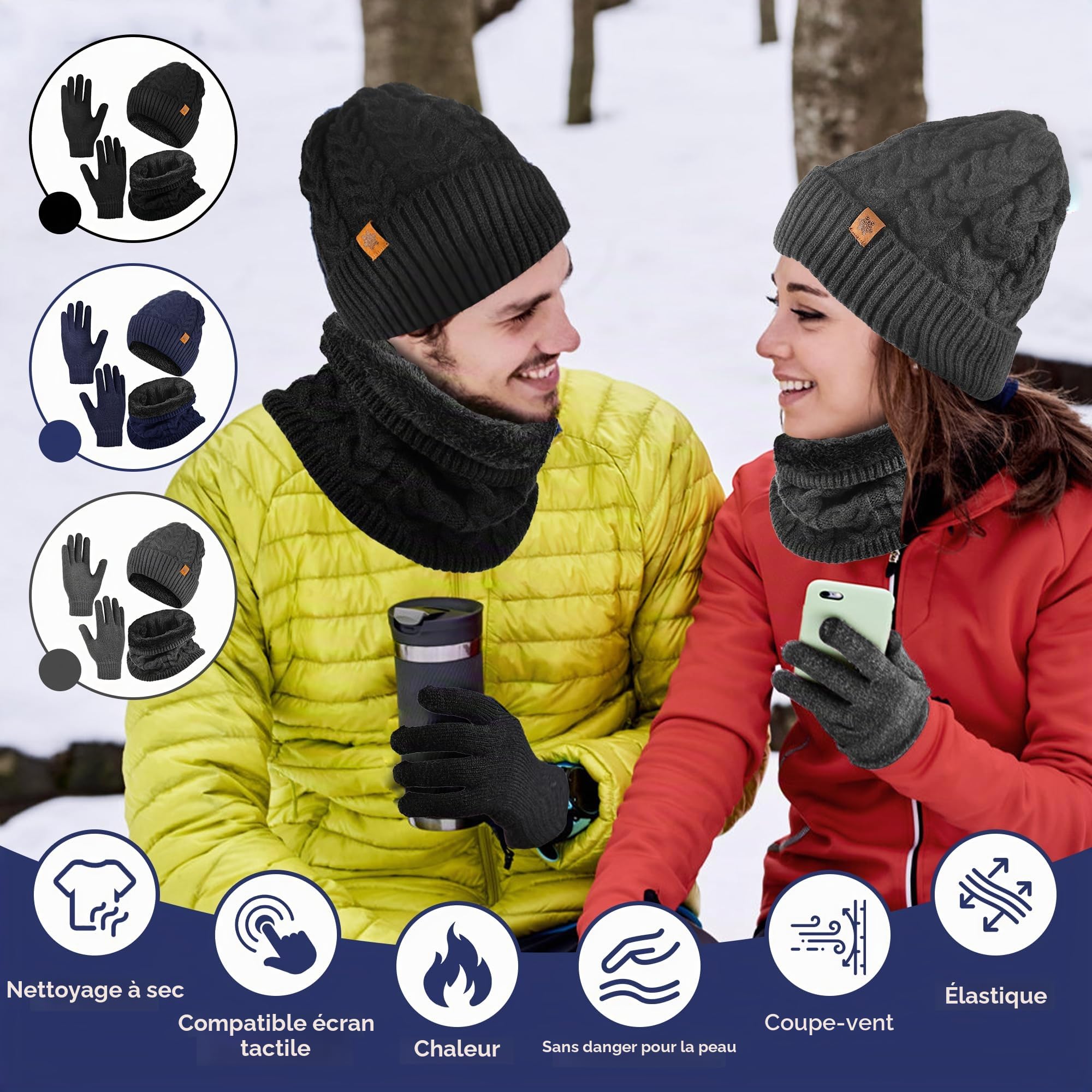 Hommes Femmes Hiver Chaud Bonnet Gants Tactiles Écharpe Tricoter Ensemble, Ensemble Bonnet Echarpe Gant Homme Chauds d'hiver 3en1 pour les cadeaux de Noël/Anniversaire/Nouvel An