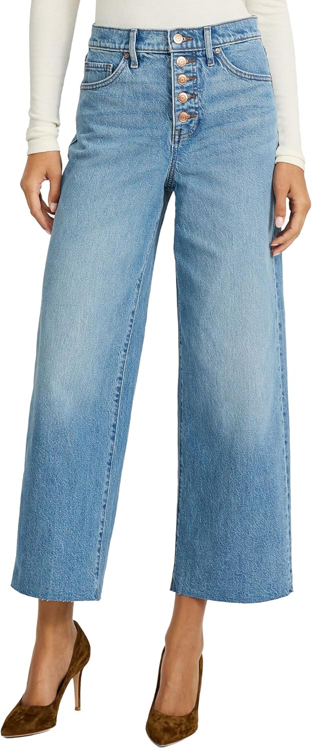 EXPRESS Women’s Wide-Leg Ankle Jeans – High Waisted Stretch Denim with Raw Hem Detail – Medium Wash