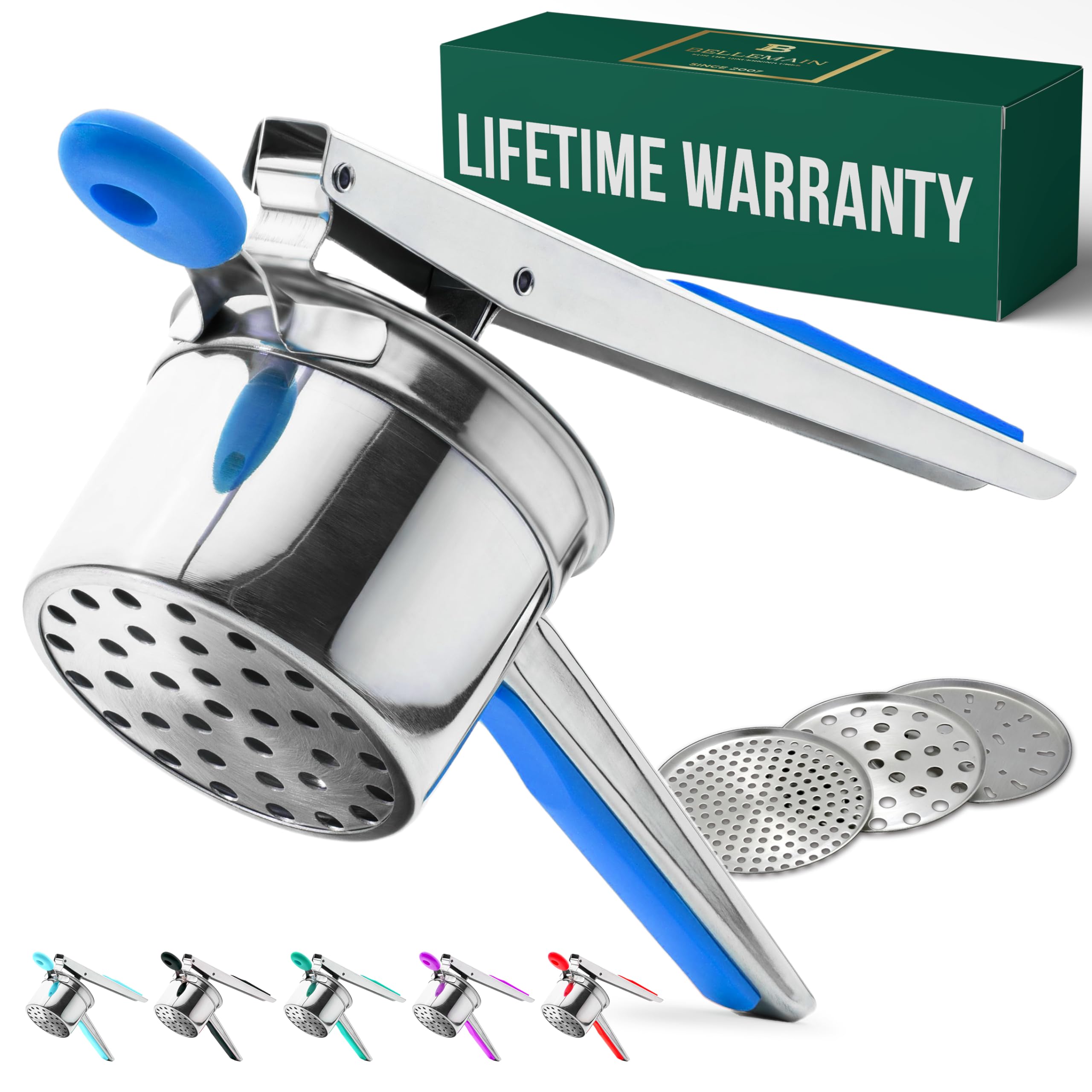 Bellemain 15 oz Large Potato Ricer | Heavy-Duty Stainless Steel Ricer & Masher | Perfect for Mashed Potatoes | Kitchen Tool with 3 Interchangeable Discs (Blue)