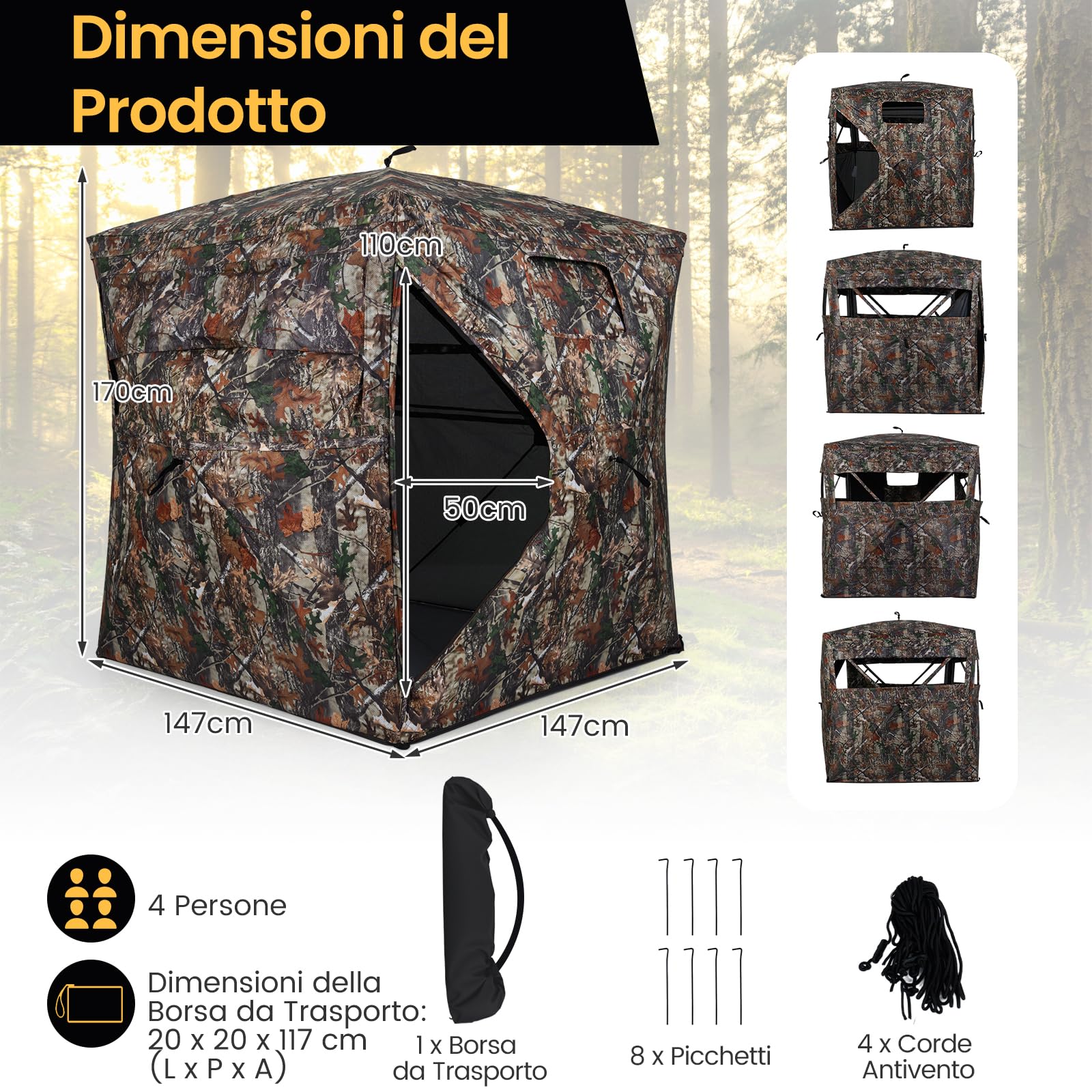 COSTWAY Tenda da Caccia Portatile per 4 Persone, Capanno Mimetico a Visione a 360° con Rete Trasparente e Borsa da Trasporto, Tenda Pop-up Camouflage per Caccia di Cervi e Tacchini, 147 x 147 x 170 cm