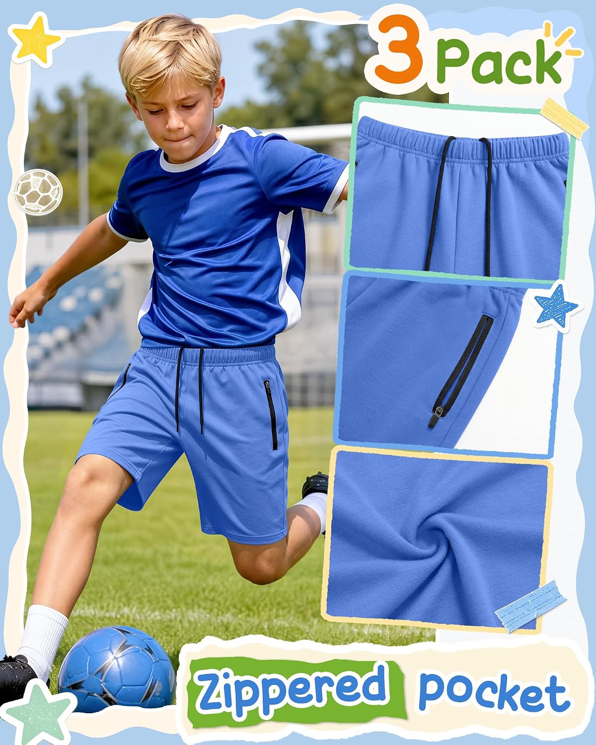 Yooo's Vivi 3 Pack Boys Long Shorts Kids Athletic Drawstring Sweat Short Summer Pull on Casual Clothes with Zipper Pocket