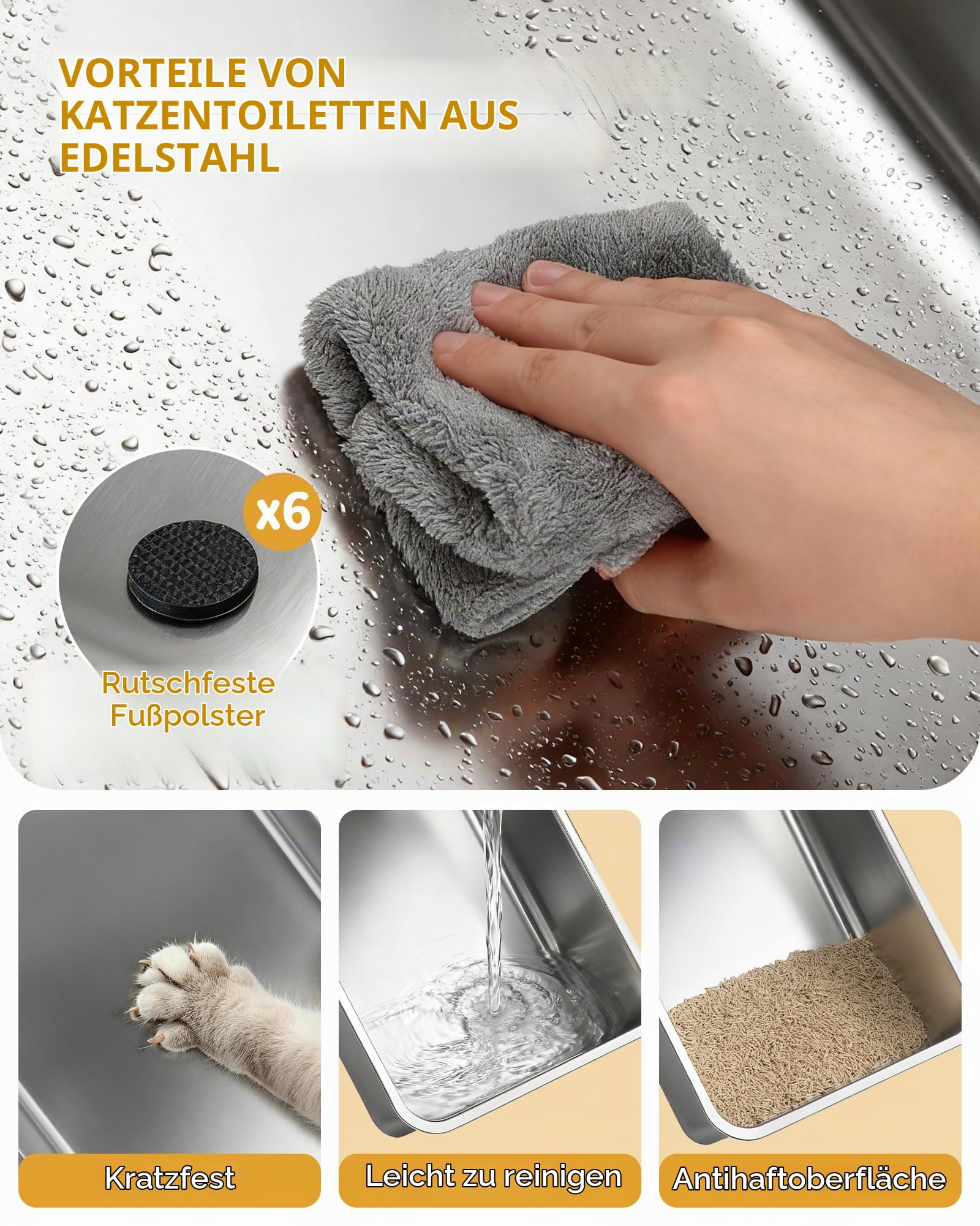 Hzuaneri Edelstahl Katzenklo XXL mit Deckel, Doppeltür, 60 × 40 × 42 cm, Geschlossenes Katzentoilette mit Schaufel Fußpedal, Leicht zu Reinigen, Auslaufsicher, Hellgrau LB89899G