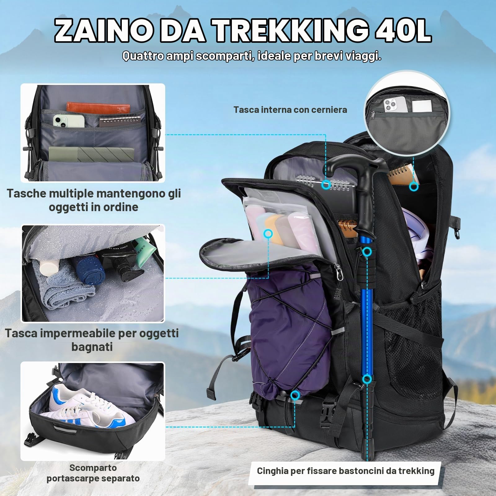 RAINSMORE Zaino Trekking 40 Litri Pieghevole Zaino Montagna Per Uomo Donna | Impermeabile Ultraleggero Zaino Da Viaggio Per Arrampicata,Escursionismo Nero