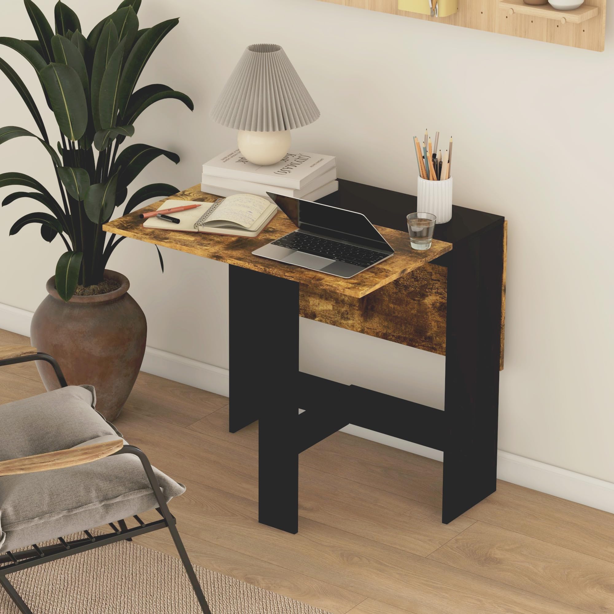 HOMCOM Mesa Plegable de Comedor Alas Abatibles Negro y Marrón Rústico | Mesa de Cocina Plegable, con Alas Abatibles, para Salón, Espacio Pequeño, 103x76x73,5cm