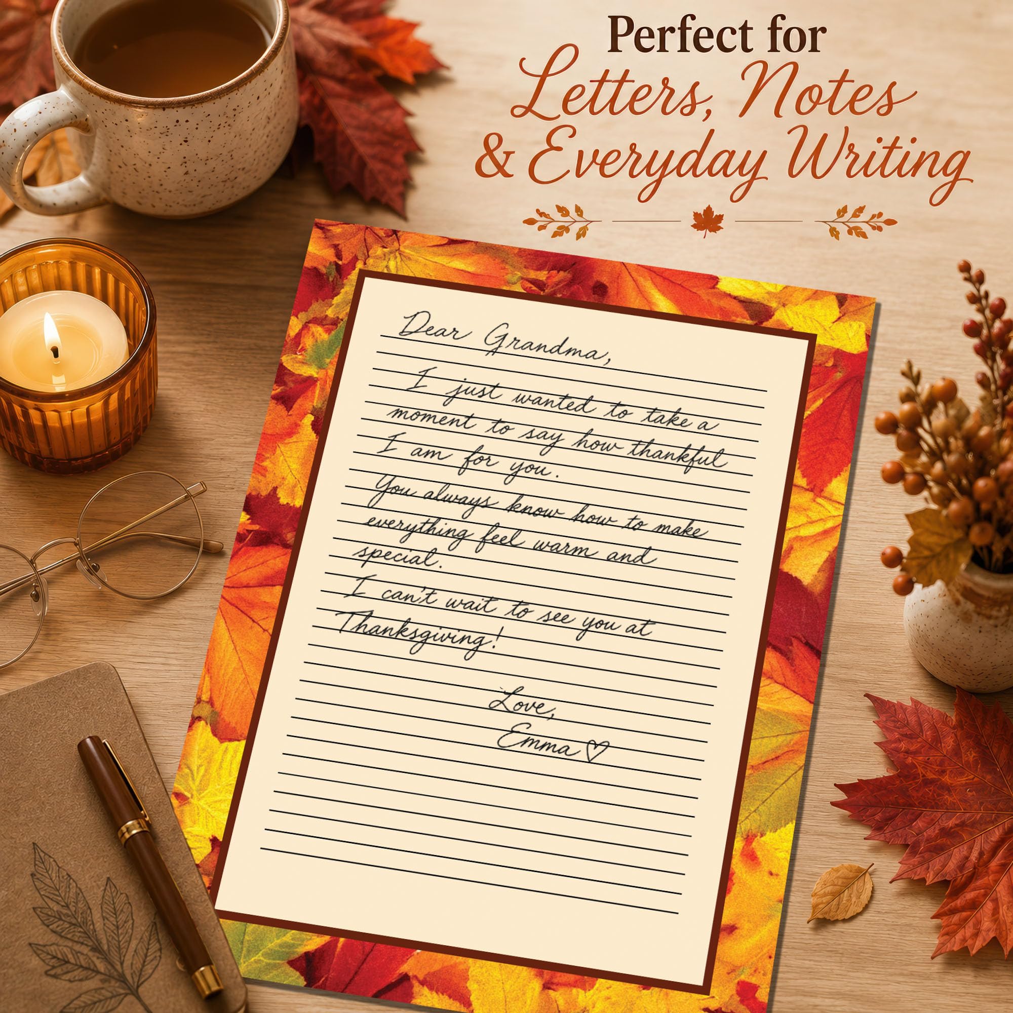 Papier à lettres avec feuilles d'automne – Papier à lettre ligné d'automne – 125 feuilles – 21,6 x 27,9 cm – Papier d'impression décoratif d'automne