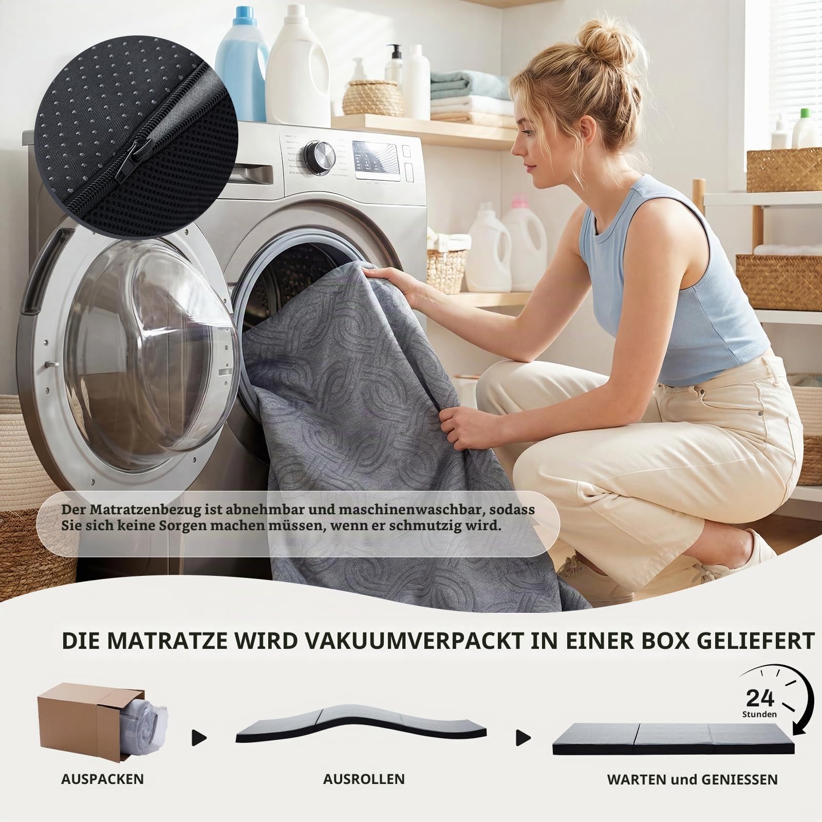 Klappmatratze, Gästematratze, 3-teilige Faltmatratze, Grau, 140x190x10cm | Faltbare Matratze, Memory-Schaum, Extra Dick, Waschbar, Abnehmbares Gehäuse