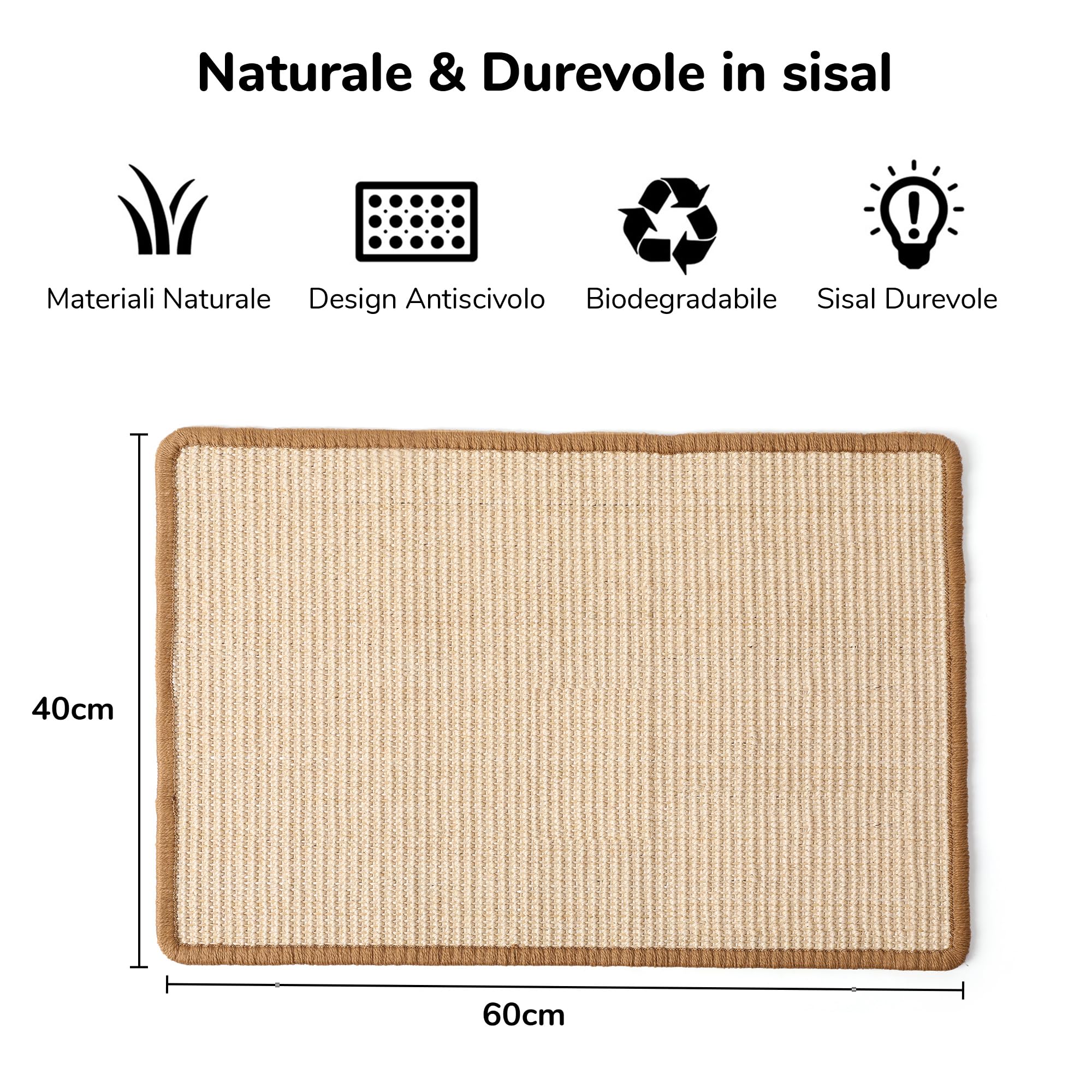 FUKUMARU Tappetino Tiragraffi Per Gatti, 60 x 40 cm, In Sisal Naturale, Tappetino Tiragraffi Orizzontale,Interni, Protegge Divano e Tappeti, Multi-scena, Per Parete e Angolo