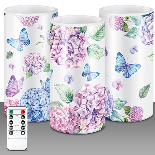 ROCEEI 3 Pcs Spring Flameless Candles Hydrangea Decoration Butterfly LED