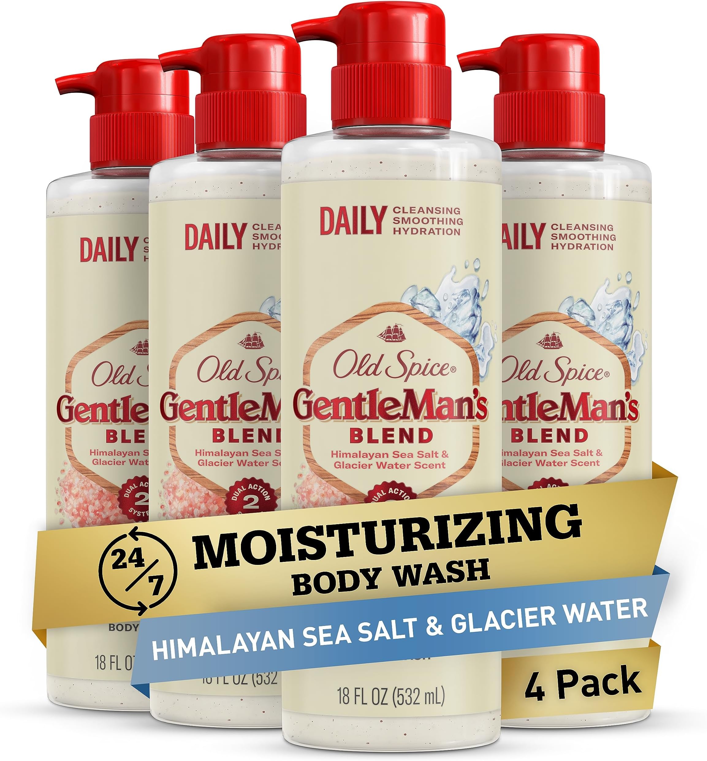 Old Spice GentleMan's Exfoliating & Moisturizing Body Wash for Men, 24/7 Shower Fresh with Long Lasting Scent, Renewing Vitamin B3 Blend, Himalayan Sea Salt + Glacier Water Scent, 18 oz (Pack of 4)