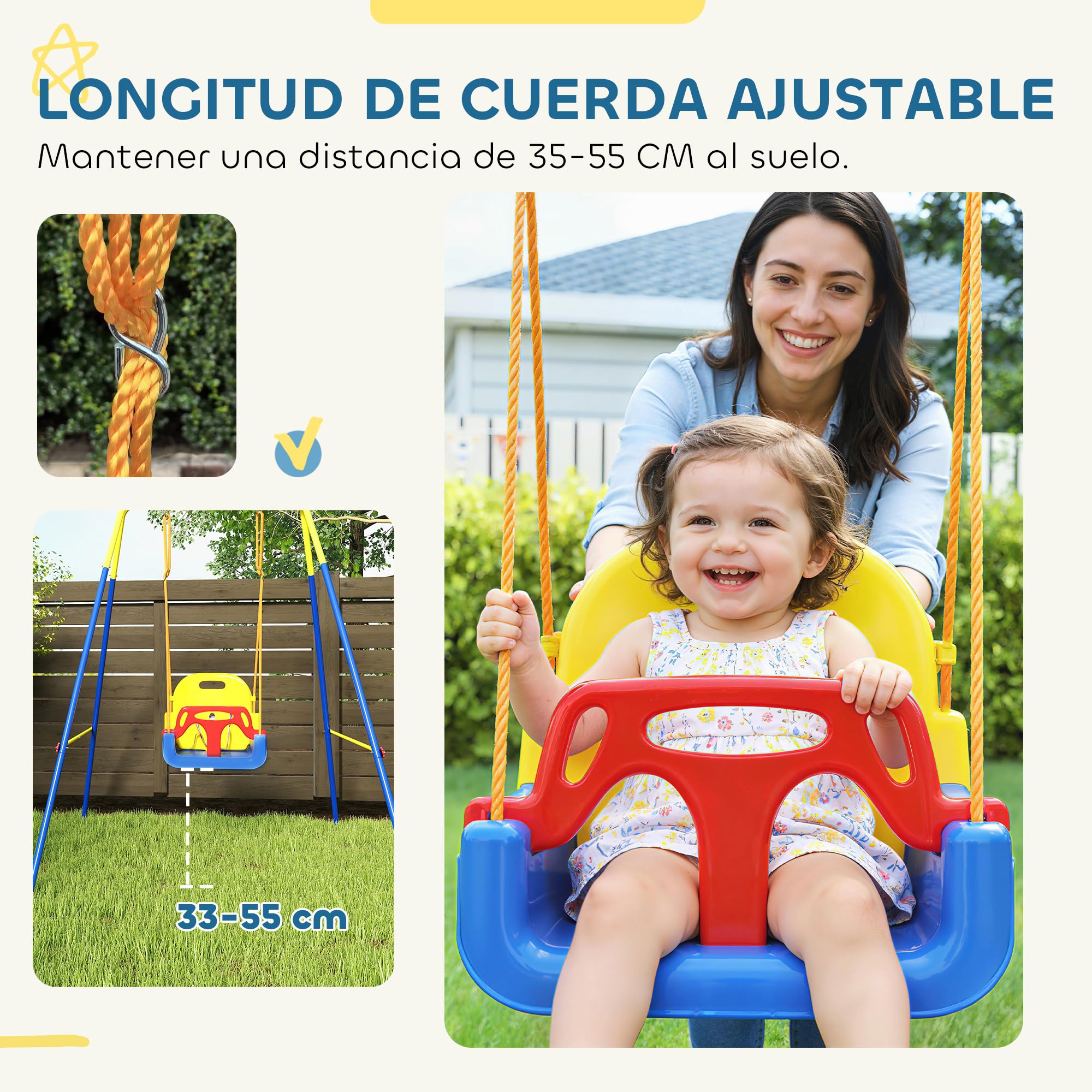 AIYAPLAY Columpio para Bebés 3 en 1 con Cuerdas Ajustables Exterior Azul