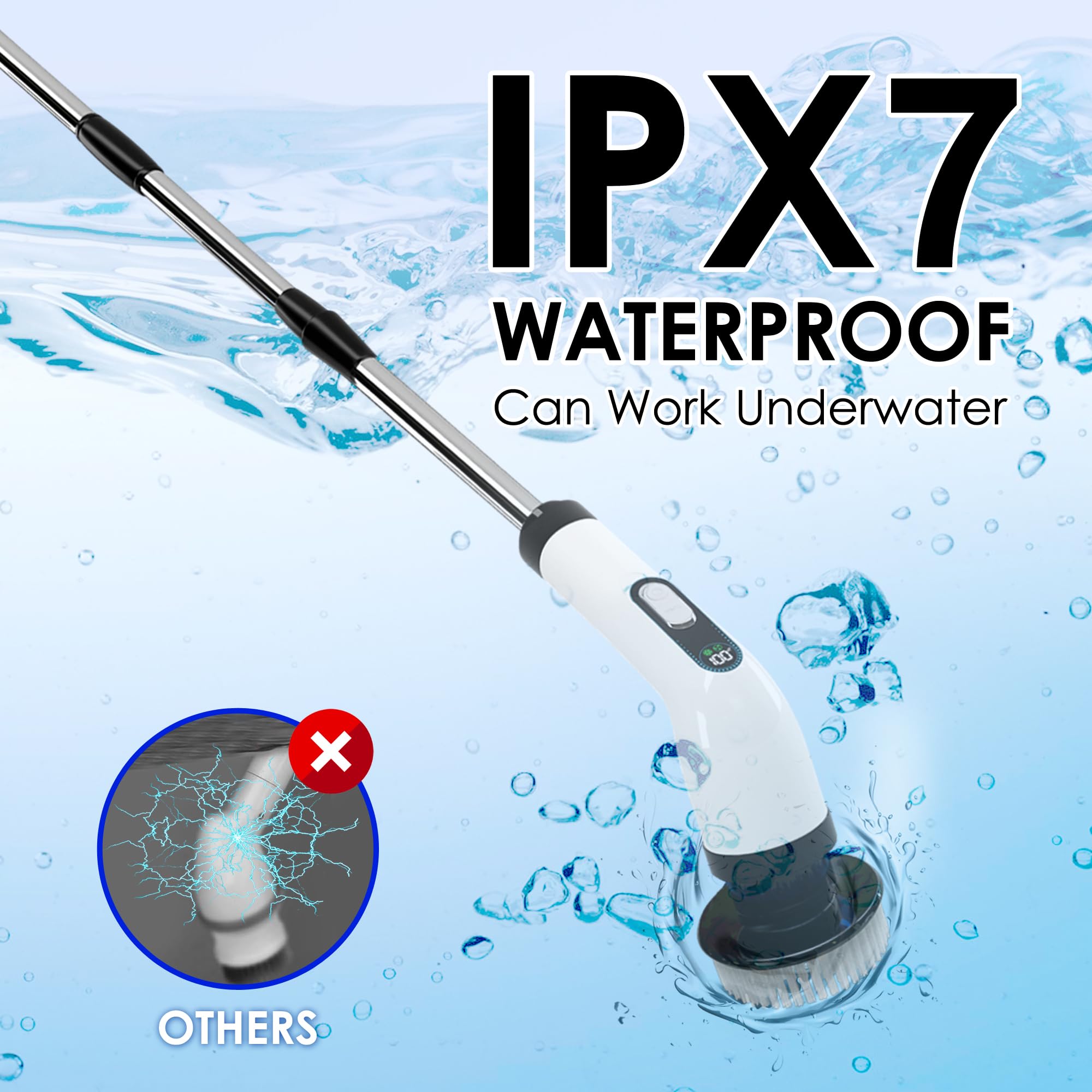 Limpiador giratorio eléctrico para limpieza, limpiador eléctrico inalámbrico con mango de extensión ajustable y 7 cabezales de cepillo reemplazables, IPX7 impermeable, para baño, ducha, bañera