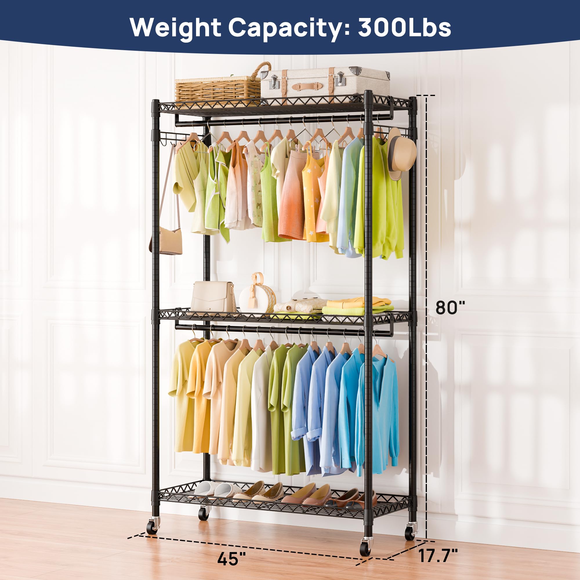 ENJOYBASICS Heavy Duty Metal Clothes Rack with Lockable Wheels, 3-Tier Adjustable Garment Clothing Rack for Hanging Clothes, Wardrobe Storage with Double Rods and Side Hooks, Black