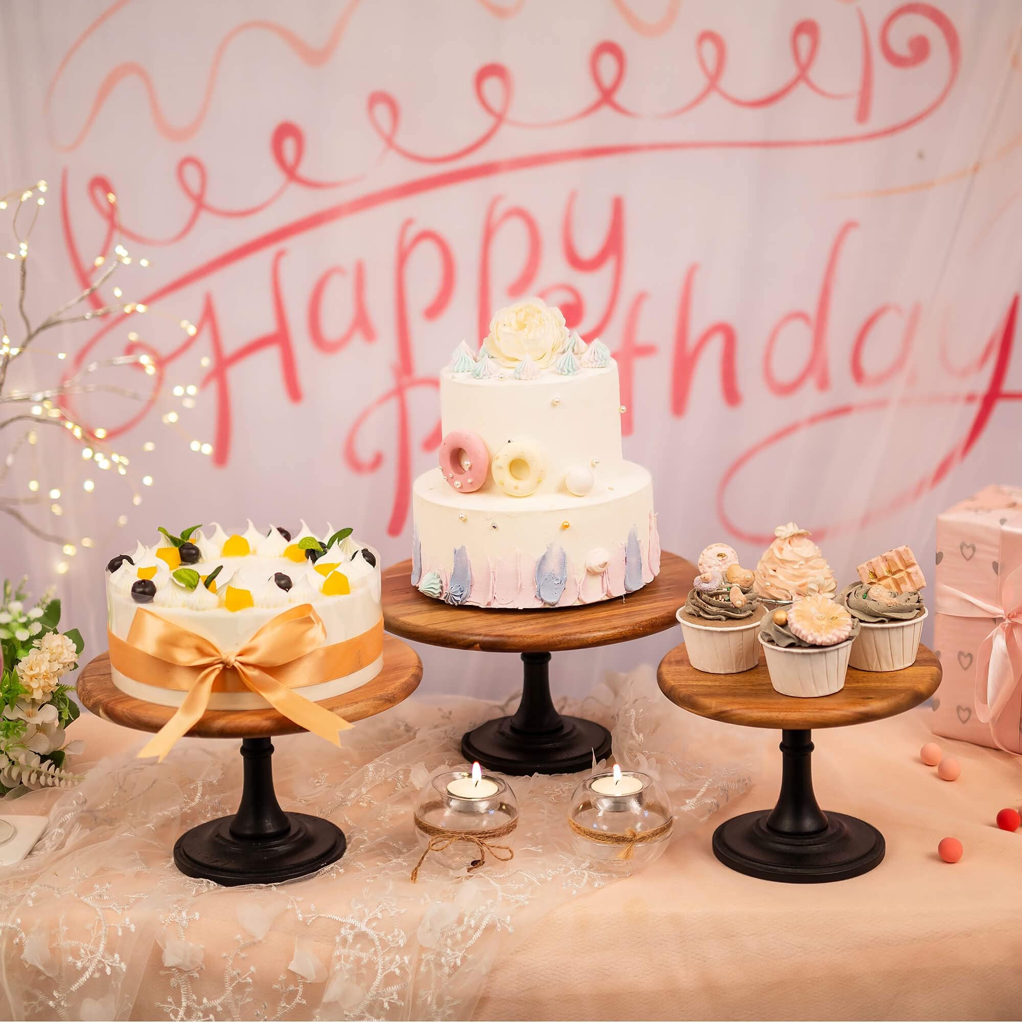 NUPTIO Ensemble Présentoirs à Gâteaux Bois : Présentoir Rustique Gâteaux de Mariage Dessert Plaque d'Affichage Socle Bois Présentoir à Gâteaux Anniversaire Baby Shower, Ensemble de 3