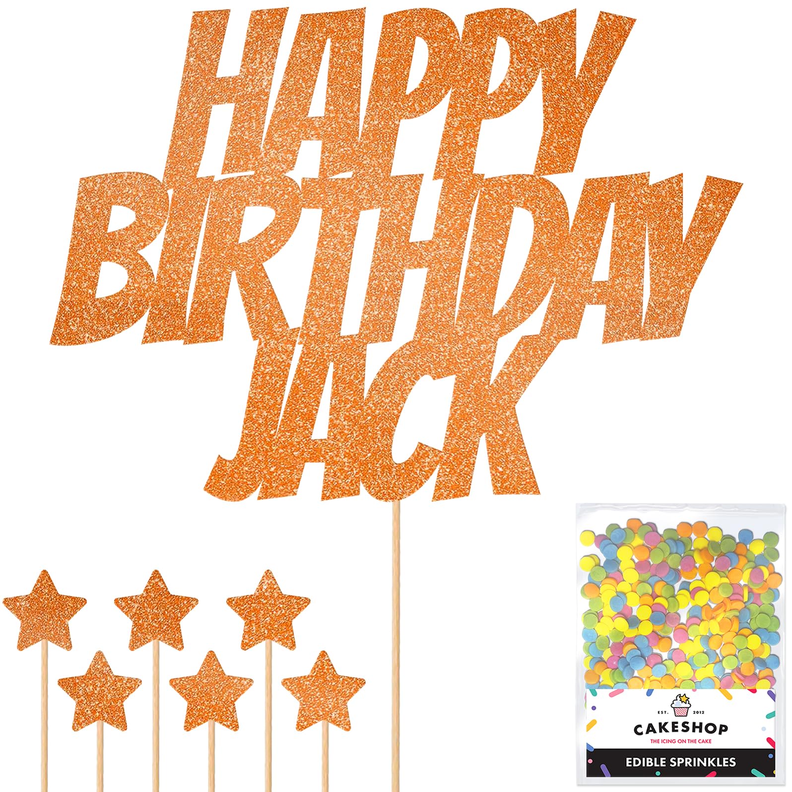 Personalised Happy Birthday Glitter Cake Topper - Copper Orange Any Name Glitter Cake Decoration Comic and Sprinkles - Happy Birthday Decorations - Personalised Toppers for Cakes by Cakeshop — image 1