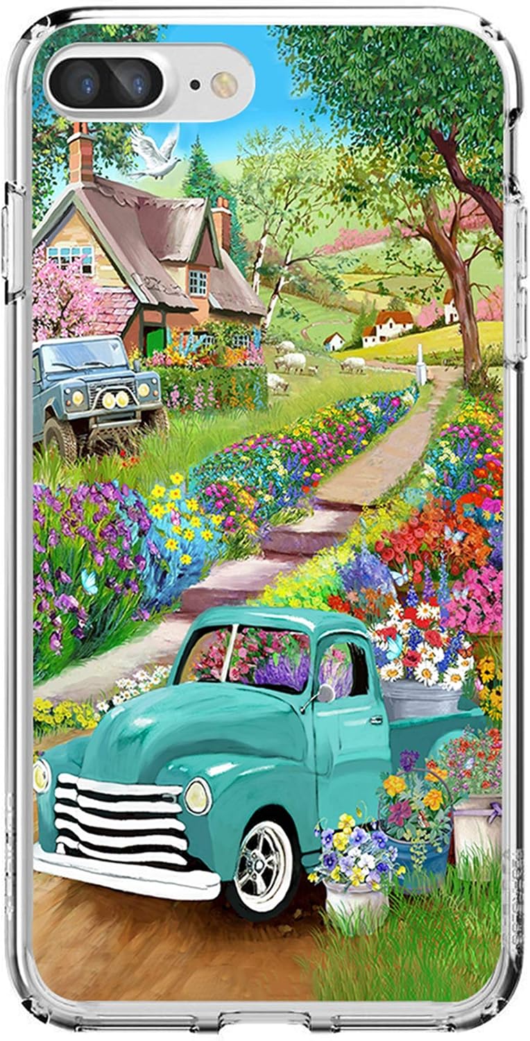 cocomong Farmhouse Spring for iPhone 7 Plus 8 Plus Case Blue Truck Fresh Spring Flowers Pattern Soft TPU Thin Phone Case for iPhone 7 Plus/ 8 Plus 5.5" Protective Anti-Drop-Scratch Spring Decoration